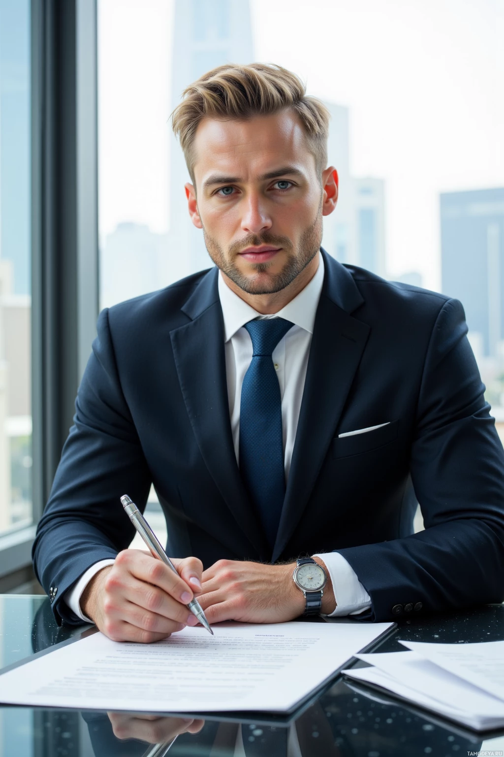 Realistic high quality photo. Morning office scene with a 38‑year‑old man with slicked-back blonde hair and blue eyes in a tailored dark suit and crisp white shirt, confidently drafting contract terms at a glass desk overlooking downtown skyscrapers, pen poised, expression sharp and focused.