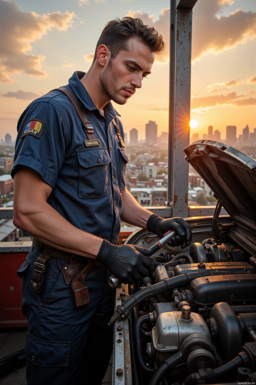 Realistic high quality photo. A 29‑year‑old male mechanic with short black hair, blue eyes, grease‑stained mechanic overalls, work gloves, standing on a garage balcony overlooking a city skyline at dawn, tightening a torque wrench on a car engine with a spanner beside him, surrounded by tools and metal parts.