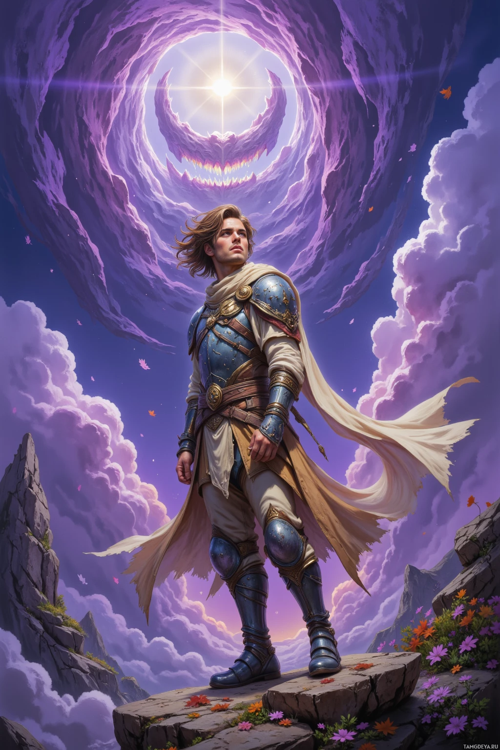 Realistic high quality photo. A 31‑year‑old man with tousled light brown hair, blue eyes, pale skin, wearing layered beige and silver leather armor with flowing fabric panels, stands on a rocky cliff edge in the Hollow Hills, wind whipping his hair, glittering leaves swirling around him, a wide grin on his face, purple twilight sky above, his boots abandoned beside him, gazing at a trickster grin etched into the cliff.