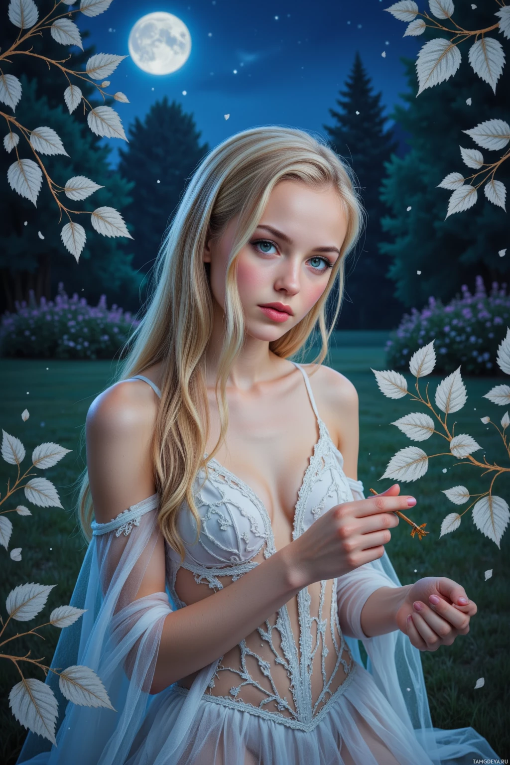 Realistic high quality photo. Moonlit garden with silvered leaves glistening like watercolor, a slender woman with long flowing blonde hair, soft blue eyes, pale skin glowing, wearing translucent ethereal ballet‑like clothing, gently painting leaf reflections, crickets chirping, stars twinkling overhead, her calm, fluid posture radiating quiet mystery.