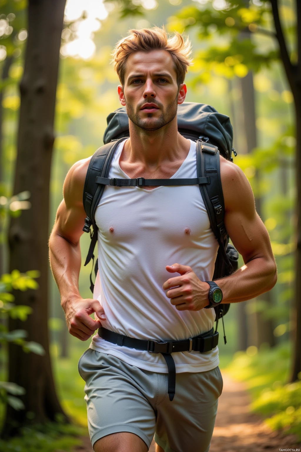 Realistic high quality photo. Male, 30-year-old man with windswept blonde hair, piercing blue eyes, sun‑kissed fair skin, lean frame and defined jawline, wearing a white tank top and light gray sweatpants, running briskly along a forest trail at golden hour with wind lifting the edges of his shirt, surrounded by tall green trees and dappled sunlight filtering through leaves, carrying a lightweight trail pack, expression focused and determined.