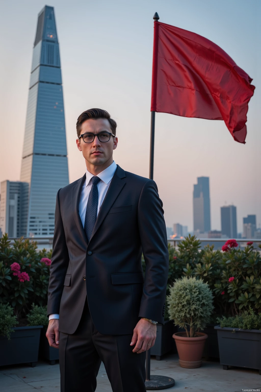 Realistic high quality photo. Tall 32‑year‑old man with pale skin, short slicked‑back black hair, rimless glasses, wearing a tailored dark suit, stands calmly on a rooftop garden at dusk, wind‑tossed flag fluttering beside him, with a sleek modern skyscraper backdrop, reflecting his composed strategic mindset after navigating a busy city grid.