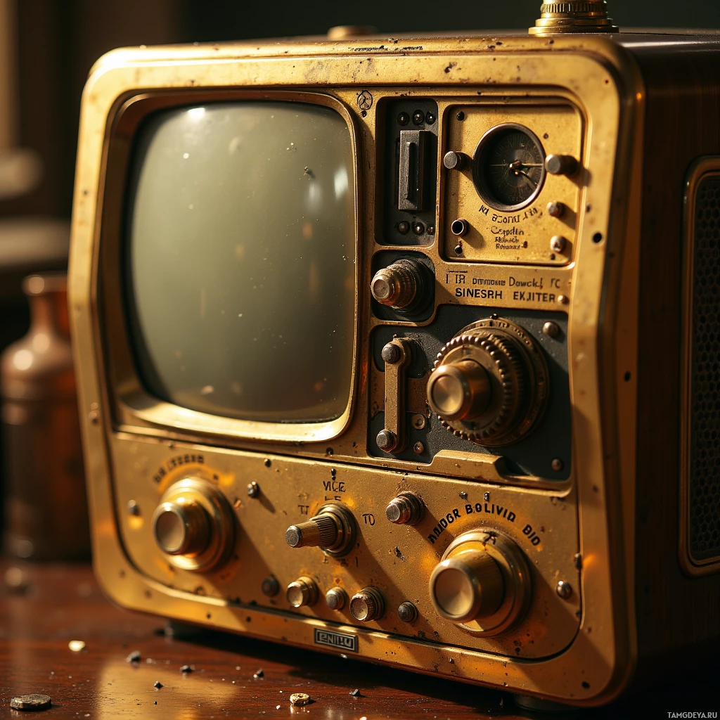 Semi-abstract image with many light, that is suitable for the post:  Vintage 1950s Zenith TV tuner featuring a gleaming brass chassis with subtle patina, intricate visible gears, a hand‑cranked tuning dial, and delicate plastic clip fasteners.