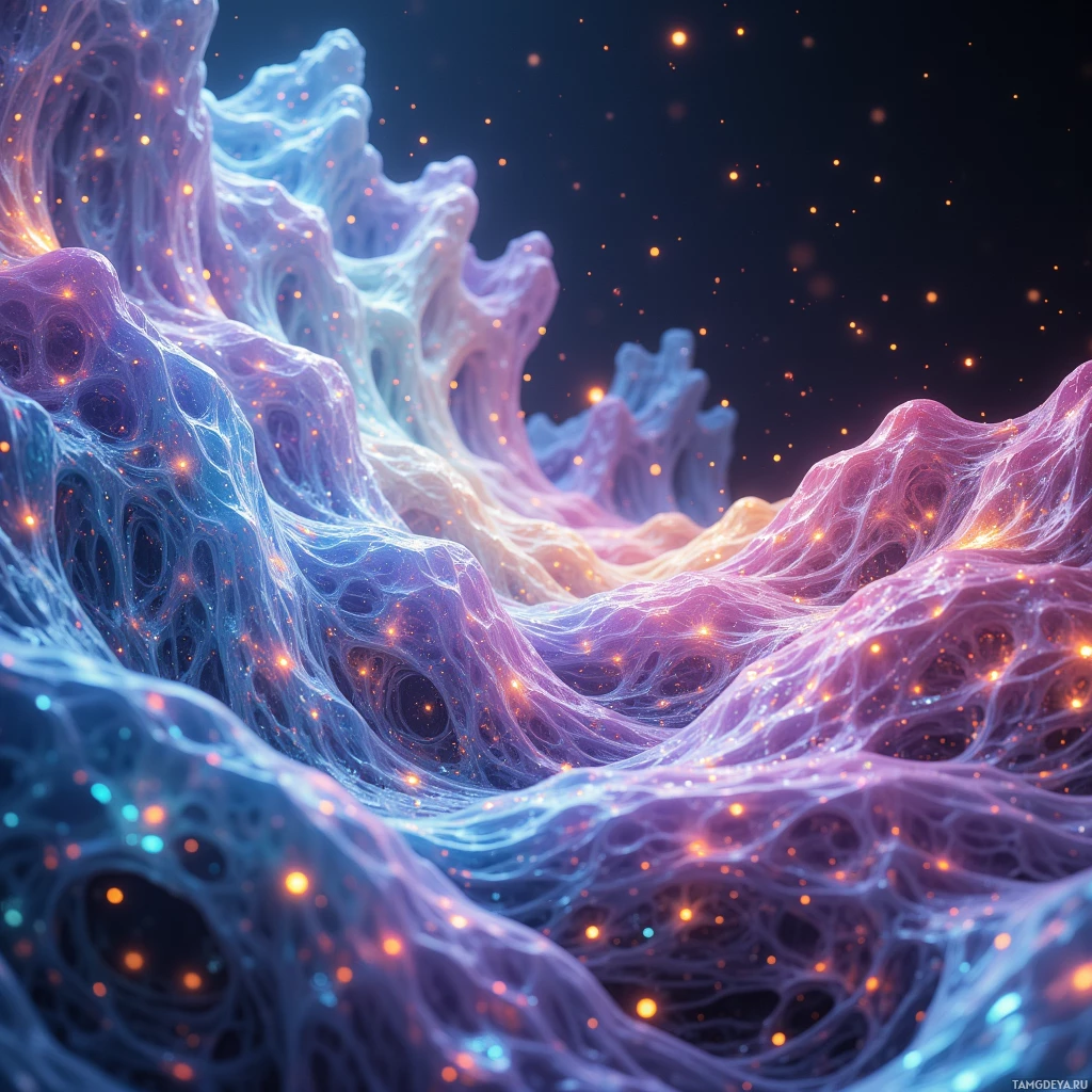 Semi-abstract image with many light, that is suitable for the post:  a crystalline lattice with a rippling liquid glass surface, iridescent colors shifting dynamically, tiny luminous nodes dotting the structure, flexible architecture capable of reconfiguring into intricate shapes, rendered in high detail