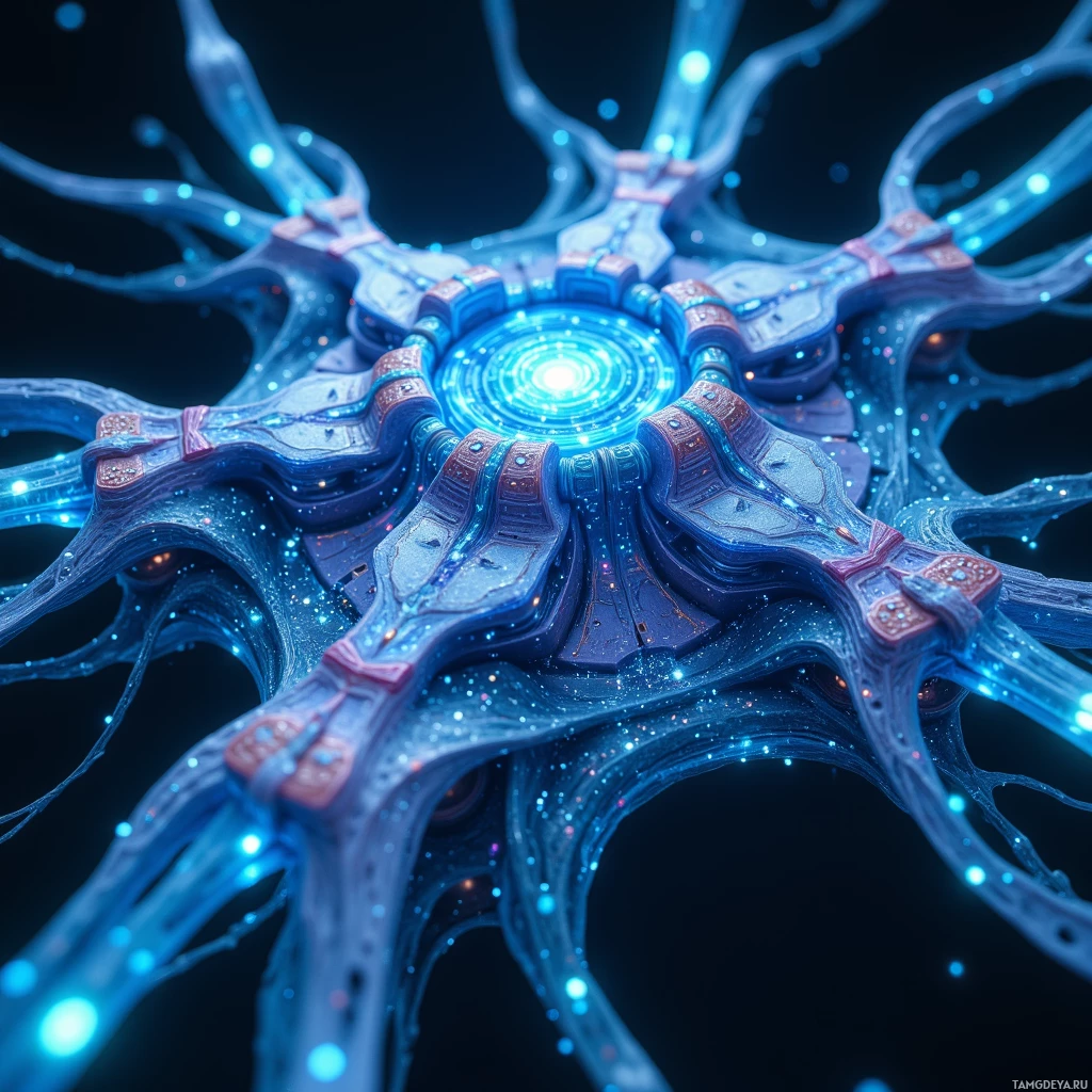 Semi-abstract image with many light, that is suitable for the post:  Interlocking nanofiber plates in matte iridescent blue that shift with light, featuring visible magnetic snap joints, a lattice of glowing micro‑actuators and graphene battery nodes, and a sleek folded silhouette that transforms into a compact hover pod.