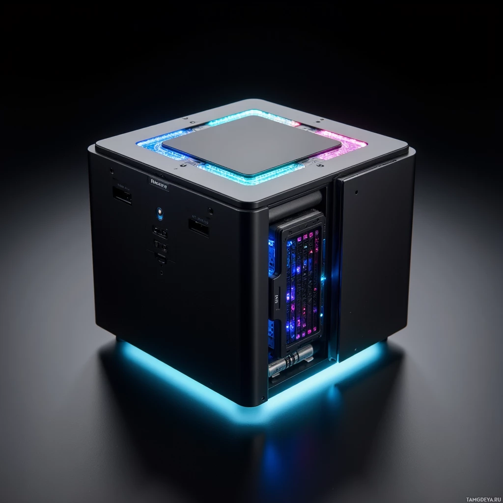 Semi-abstract image with many light, that is suitable for the post:  Compact matte‑black cube featuring a dynamic LED grid that flickers across its surface, exposed multi‑mic array and recessed miniDisc slot, topped with an integrated touch screen panel, all encased in sleek polished metal panels.
