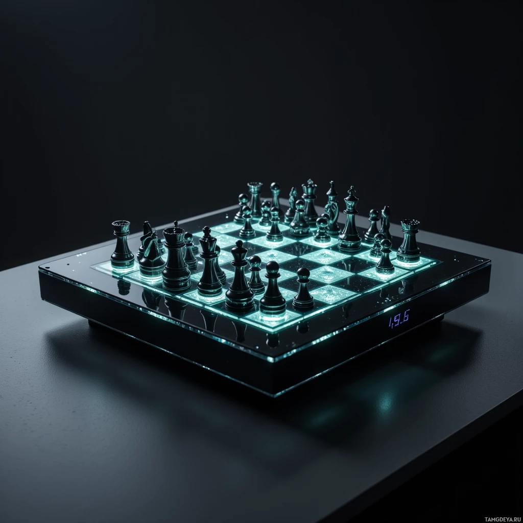 Semi-abstract image with many light, that is suitable for the post:  sleek black glass chessboard with subtle backlit glow, embedded pressure sensor grid, minimalist alloy chess pieces in brushed steel, futuristic portable design