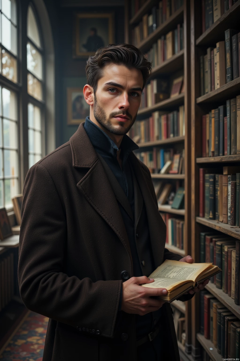 Realistic high quality photo. A 32‑year‑old man with dark wavy hair, piercing blue eyes, pale skin, slender build, wearing a long dark brown coat with subtle patterns, standing in an old bookstore with cracked windows letting filtered light scatter across worn shelves and his notebook, exuding calm, introspective solitude.