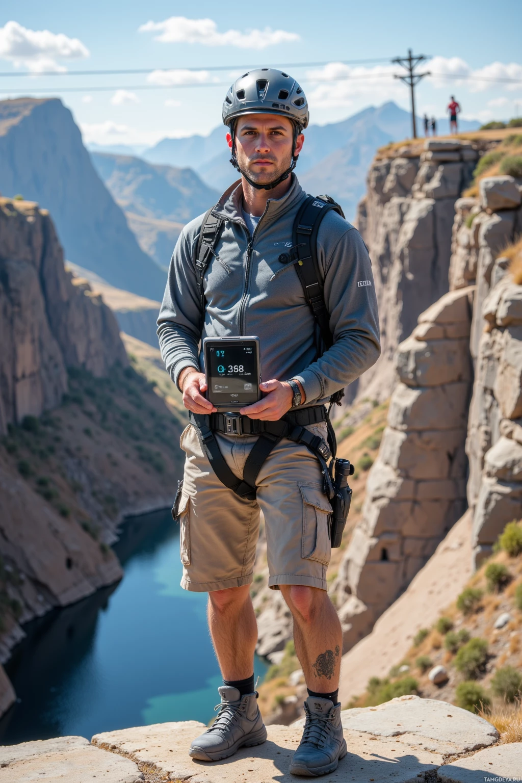Realistic high quality photo. Male, 28, short blonde hair, brown eyes, wearing a gray zip‑up jacket over cargo pants and a sports helmet, standing on the edge of a concrete line‑jump platform overlooking a steep drop into a valley, holding a digital tablet displaying G‑force data, his left calf visibly bruised, with crew members in athletic gear nearby under bright midday sky.