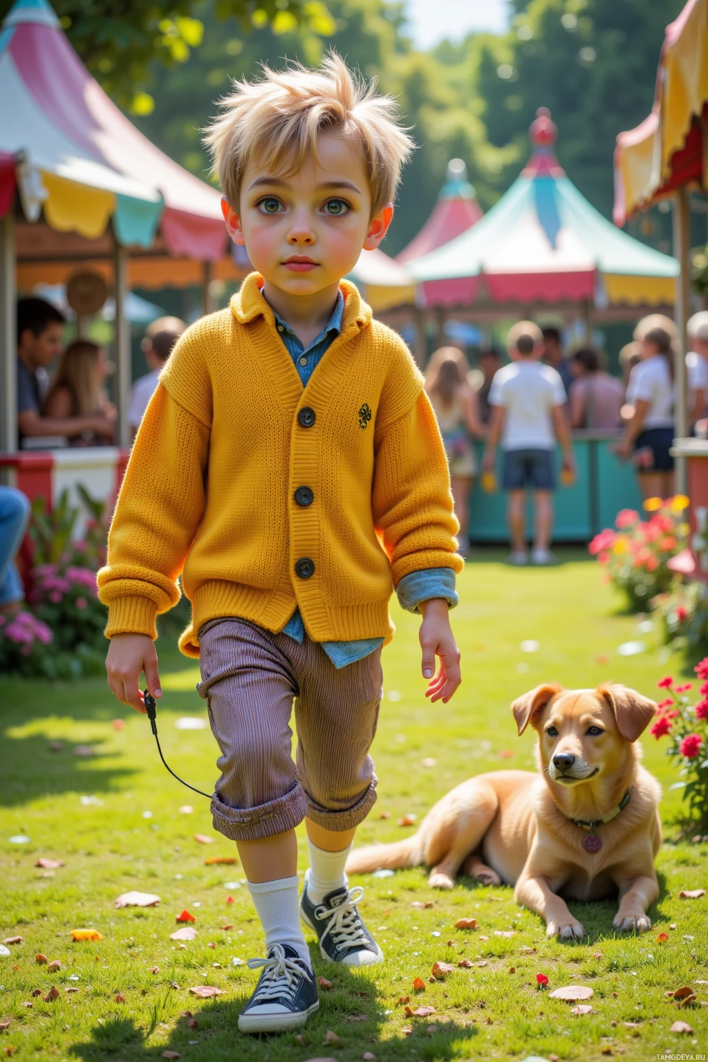 Realistic high quality photo. Fair-skinned male 28 with tousled light blonde hair, vivid blue eyes, wearing an oversized yellow sweater with mismatched buttons, striped trousers, quirky sneakers, animated expression, socks perched on his head, shuffling through a bright garden turned whimsical carnival with colorful stalls and soft green grass, holding earbuds, watching a small brown puppy and an elderly dog resting together, midday sunlight, playful mood.