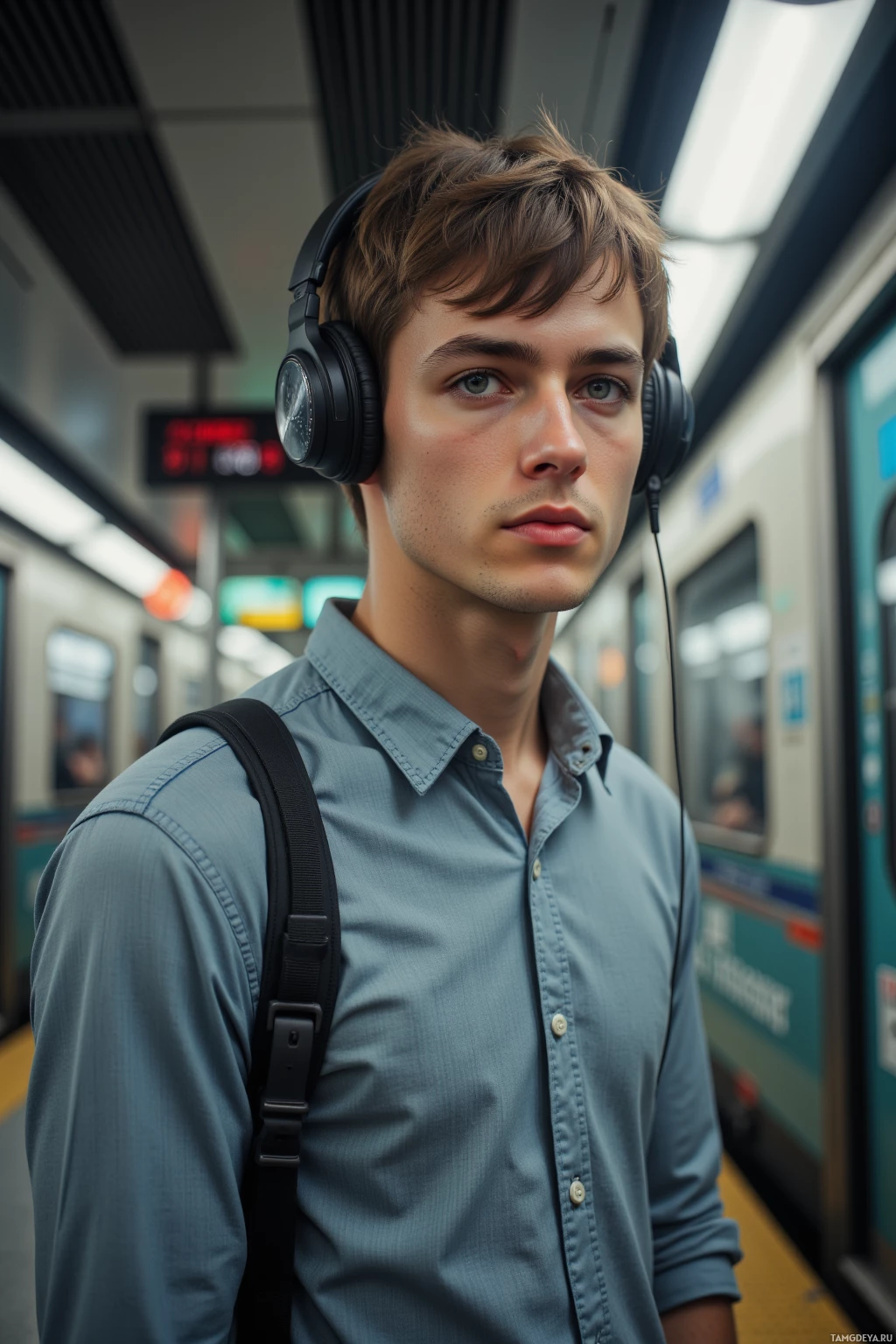 Realistic high quality photo. A 28‑year‑old man with short brown hair, blue eyes, pale skin, wearing a casual shirt, relaxed style, headphones on, standing on a modern subway platform, intently listening to a train’s brake hiss amid the platform’s acoustic panels.