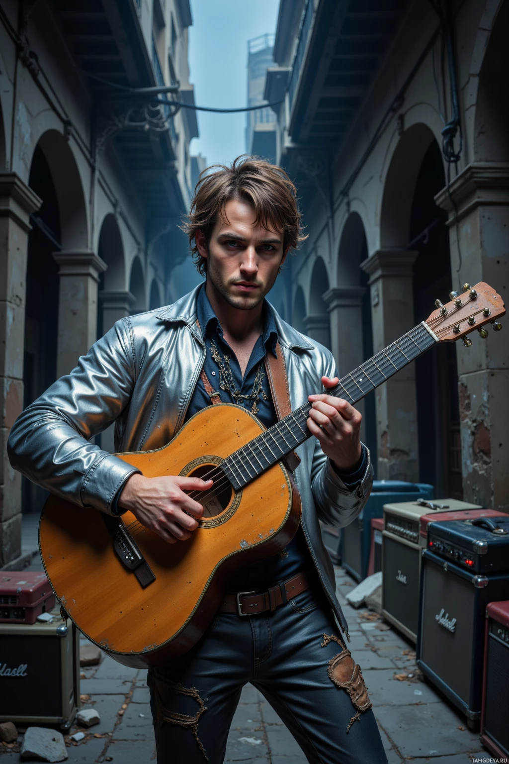 Realistic high quality photo. A 27‑year‑old man with tousled light brown hair, pale blue eyes, wearing a silver jacket over mesh shirts and metallic trousers, plays an acoustic guitar in a dim alley surrounded by abandoned amplifiers and twisted metal strings, while broken concrete ruins echo forgotten applause under a night sky.