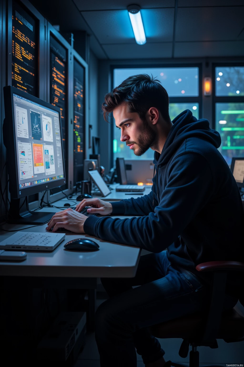 Realistic high quality photo. A 34‑year‑old man with short black hair, brown eyes, pale skin, high cheekbones, slender face, wearing a dark hoodie and jeans, hunched over a glowing monitor in a dim cubicle surrounded by humming server racks, looking focused as he patches code while synthetic starlight flickers through the viewport outside.
