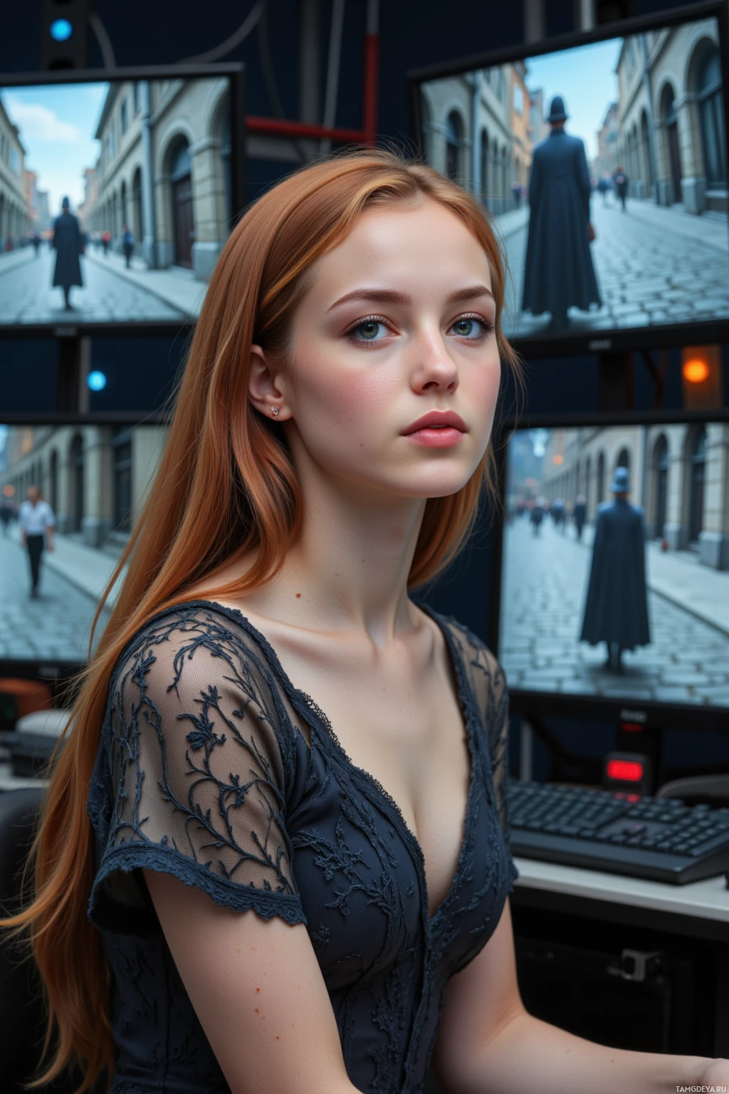 Realistic high quality photo. A slender woman with long flowing auburn hair, bright blue eyes and porcelain skin, wearing a vintage lace‑embroidered dress, sits in a dimly lit laboratory surrounded by holographic displays as she fine‑tunes virtual reality rendering of cobblestone streets and a medieval town guard avatar.