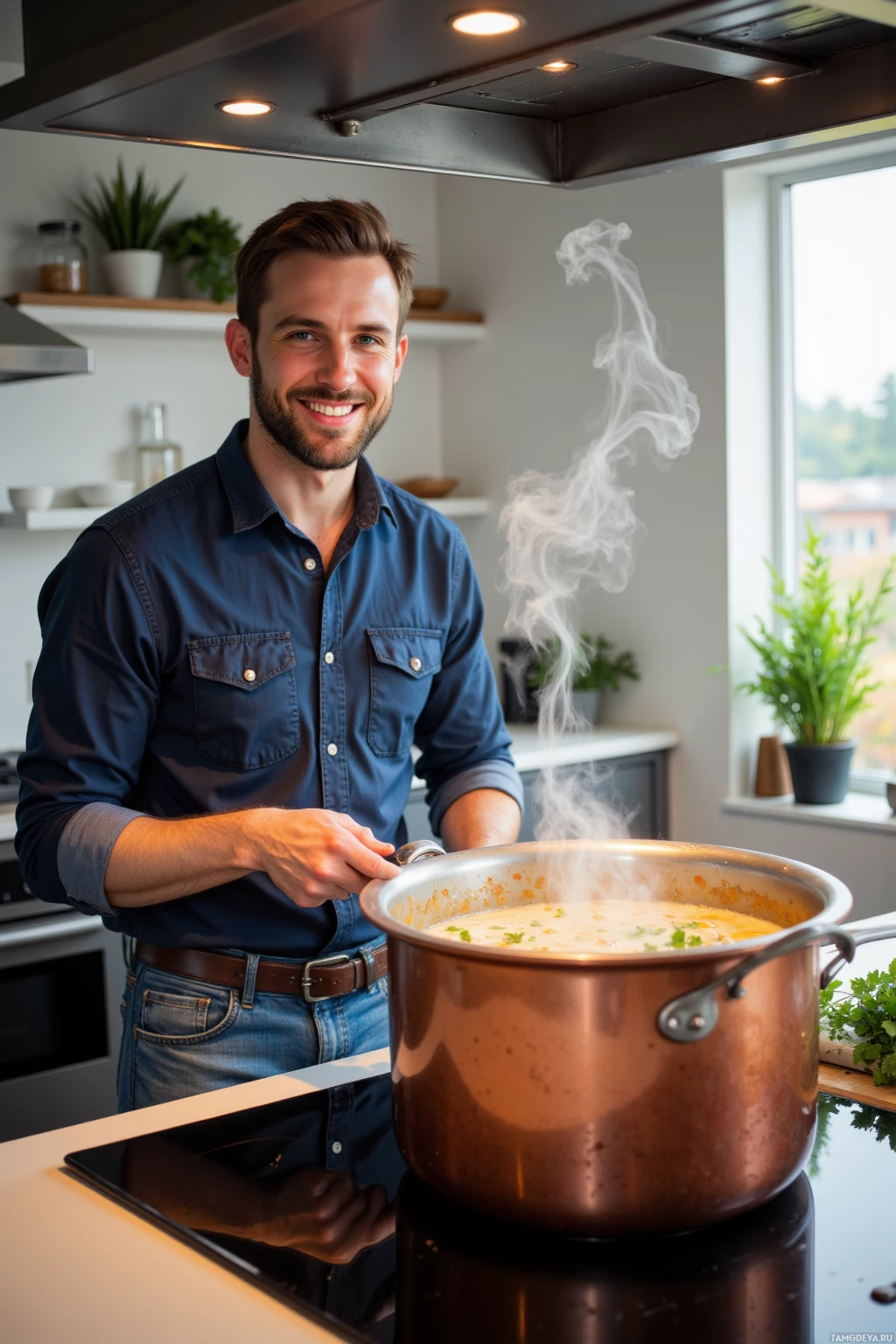 Realistic high quality photo. A 30‑year‑old man with short brown hair, beard, blue eyes, pale skin in a casual shirt and jeans stands in a modern kitchen, sharply cutting herbs beside a large copper pot simmering broth sweetened with smoked maple syrup, steam curling from an electric stove as he smiles confidently.