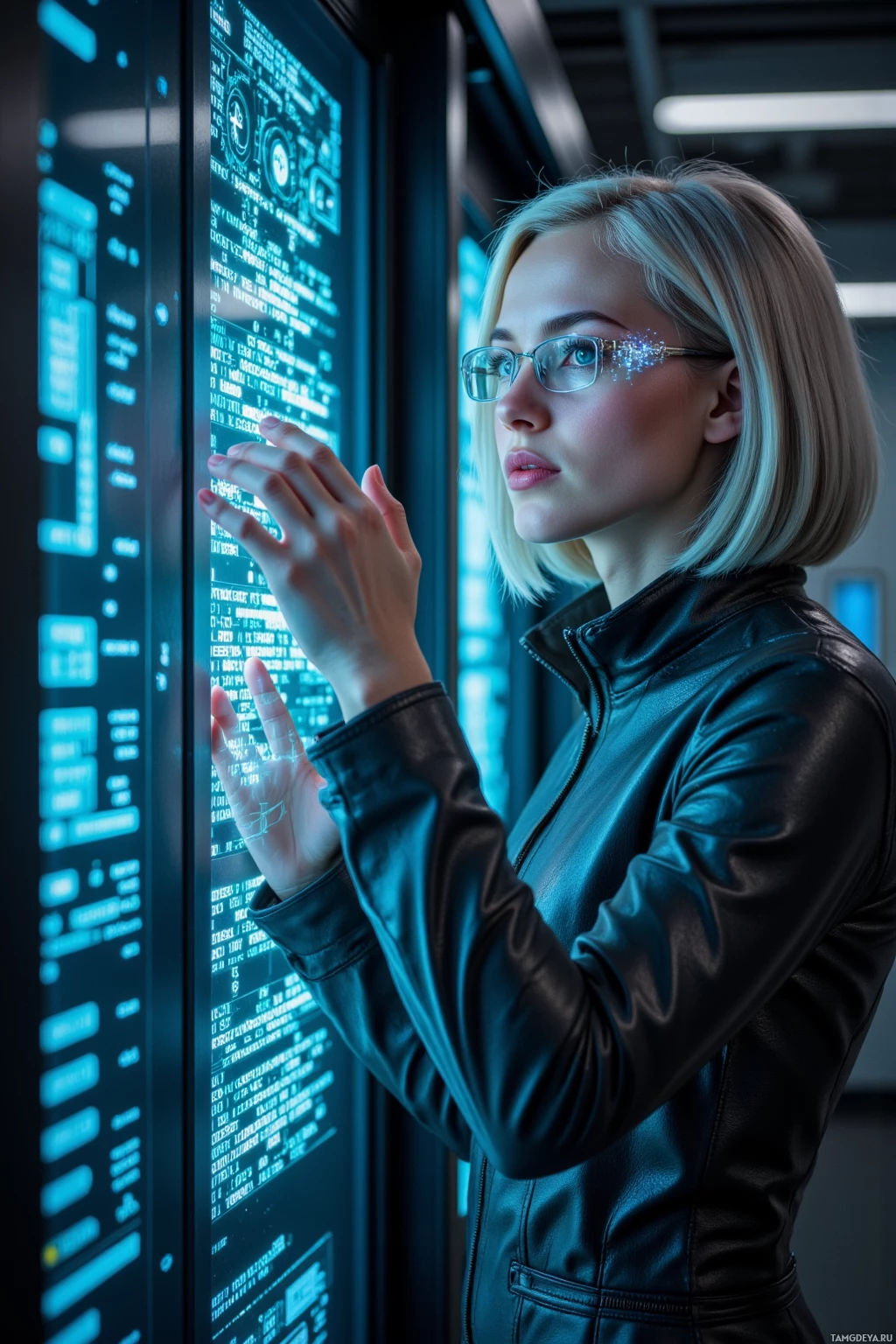 Realistic high quality photo. Dimly lit data center at night, slender woman with silver bob haircut, blue eyes, pale skin, wearing a futuristic metallic jacket and holographic glasses, manipulating holographic code streams that bloom like secret gardens.