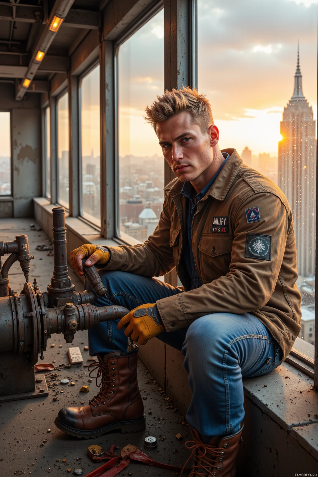 Realistic high quality photo. A stocky man with short blonde hair, blue eyes, fair skin, a strong jawline and prominent nose, wearing heavy‑duty work jacket, durable denim pants and steel‑toe boots, sits on the 12th floor of a concrete highrise tightening bolts and replacing seals at a welding unit while warm amber light pours through large windows overlooking city buildings.