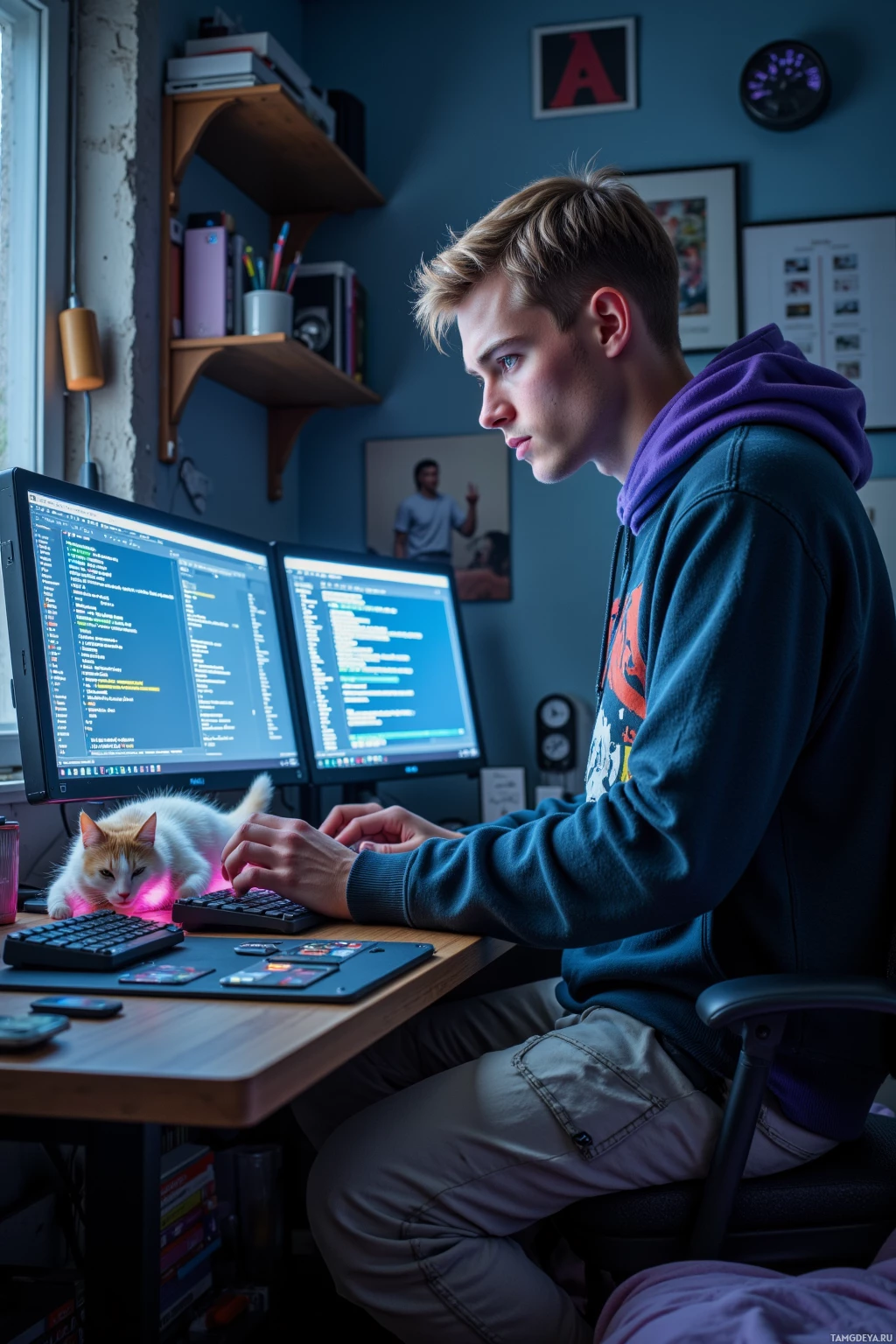 Realistic high quality photo. 21‑year‑old man with short blonde hair, blue eyes, pale skin wearing a graphic hoodie and loose light gray cargo pants, intensely typing on his cluttered desk filled with unfinished breadboards and glowing monitors that display meme generator code about quantum entanglement and cats, while a cat sleeps on the keyboard and synthwave glow illuminates the modern bedroom at night.