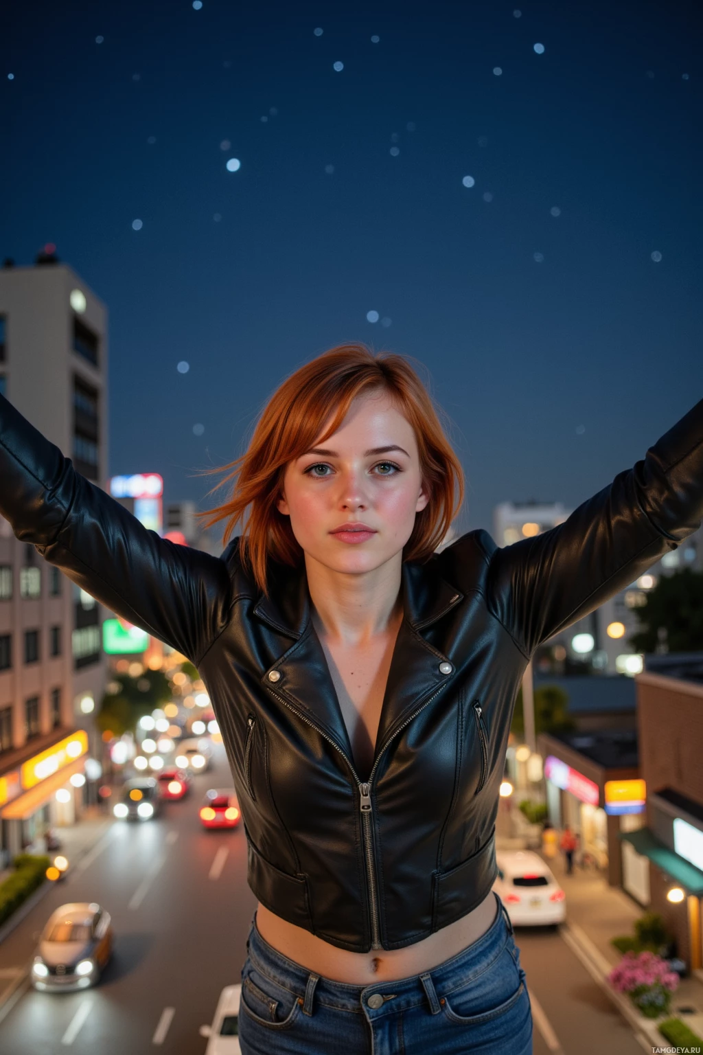 Realistic high quality photo. A 28‑year‑old woman with bright red messy bob hair, brown eyes and fair skin in a black leather jacket and fitted casual pants sprinting down an illuminated urban avenue at night, then standing on a rooftop garden beneath a star‑filled sky, wings spread, grinning triumphantly.