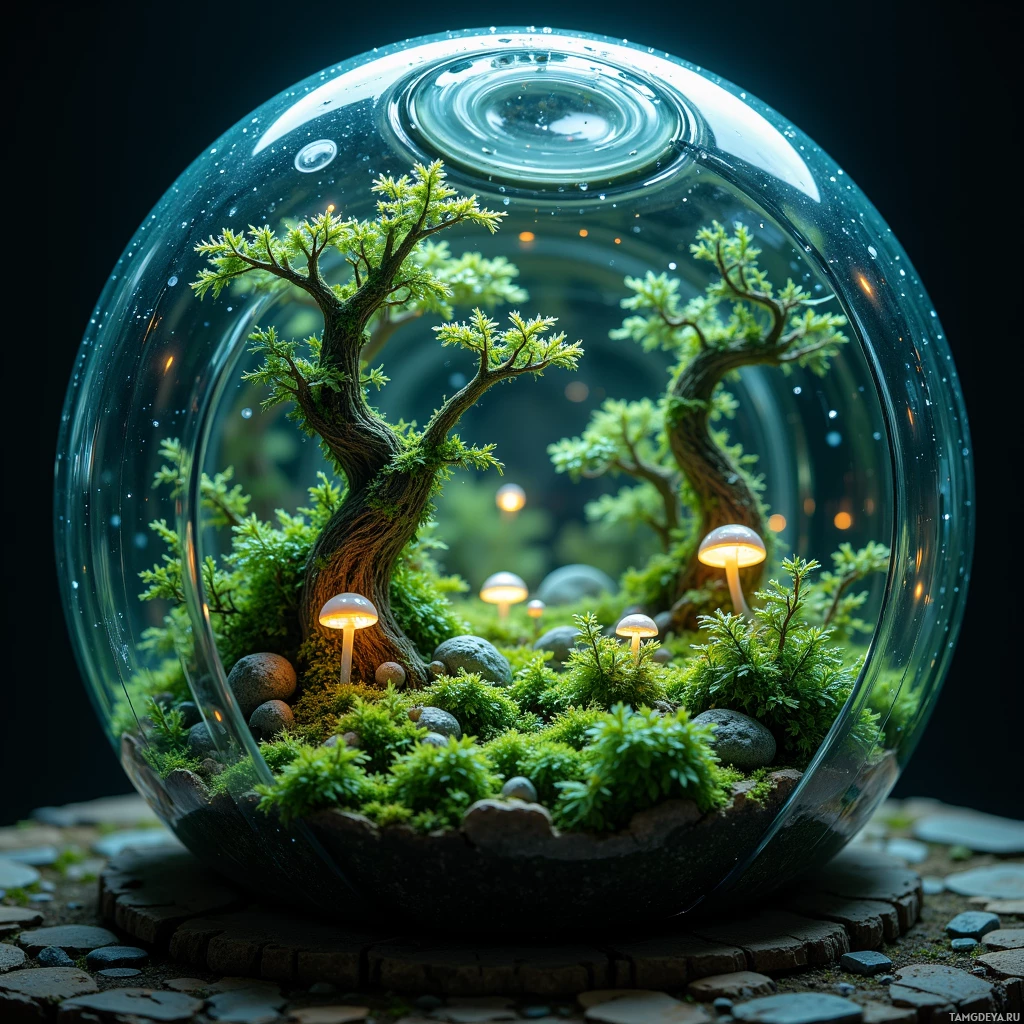 Semi-abstract image with many light, that is suitable for the post:  Hand‑crafted translucent glass terrarium filled with lush green moss and tiny bioluminescent fungi glowing softly, with subtle mechanical sensor components visible, creating a miniature twilight forest inside the glass walls.
