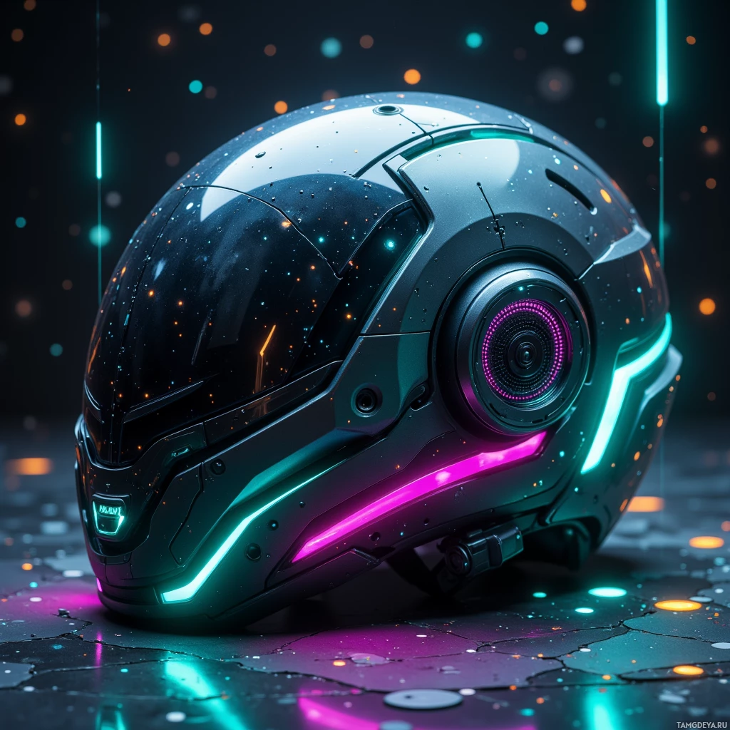 Semi-abstract image with many light, that is suitable for the post:  Helmet-mounted holo‑projector with matte black chassis, sleek curved edges, neon teal and magenta trim lines, built‑in microphone grille, integrated motion sensor module, ultra‑compact form, subtle glowing accents, futuristic metal and matte finish.