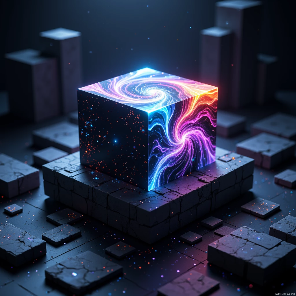 Semi-abstract image with many light, that is suitable for the post:  Sleek black cube device with a transparent OLED screen projecting swirling fractal patterns in neon hues, tiny sensor arrays embedded on its matte black surface.