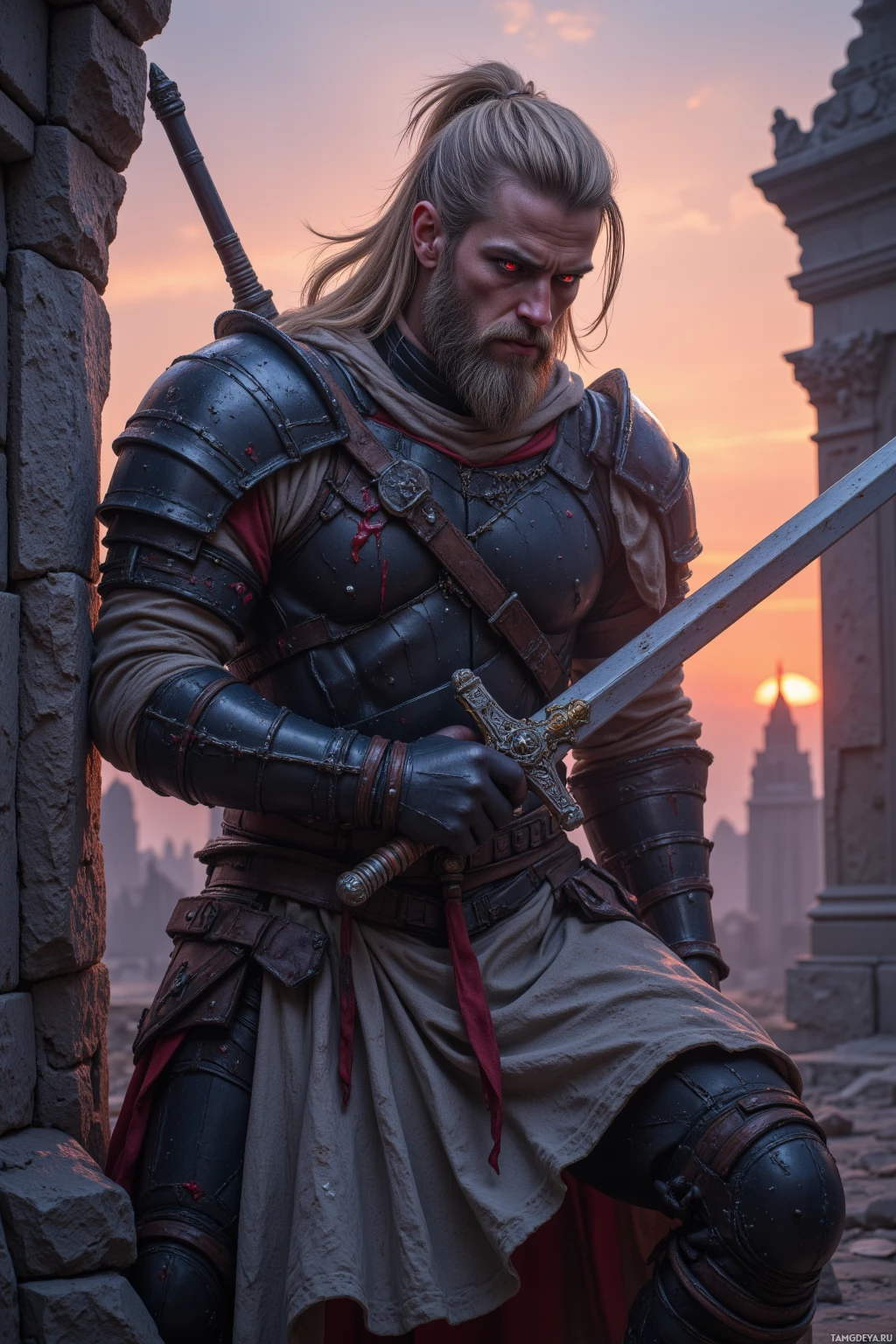 Realistic high quality photo. A 40‑year‑old tall muscular male warrior with blonde ponytail and piercing red eyes, scarred face and dark battle‑ready armor, hammering steel against cold stone at dusk in the ruined city ruins under a bleeding sky.
