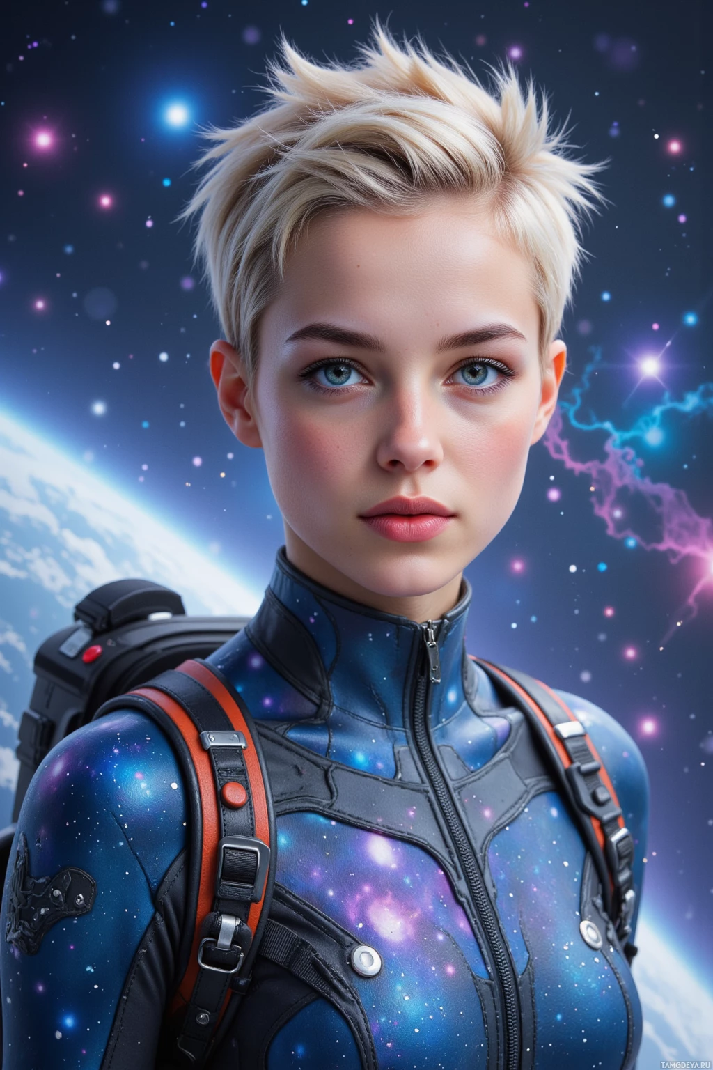 Realistic high quality photo. Female 26 with short spiky blonde hair, bright blue eyes, radiant white skin, wearing a sleek nebula-patterned bodysuit and jetpack straps, riding a pulsar’s pulse through swirling nebula and starlight in deep space, calm focus, warp winds swirling around her.