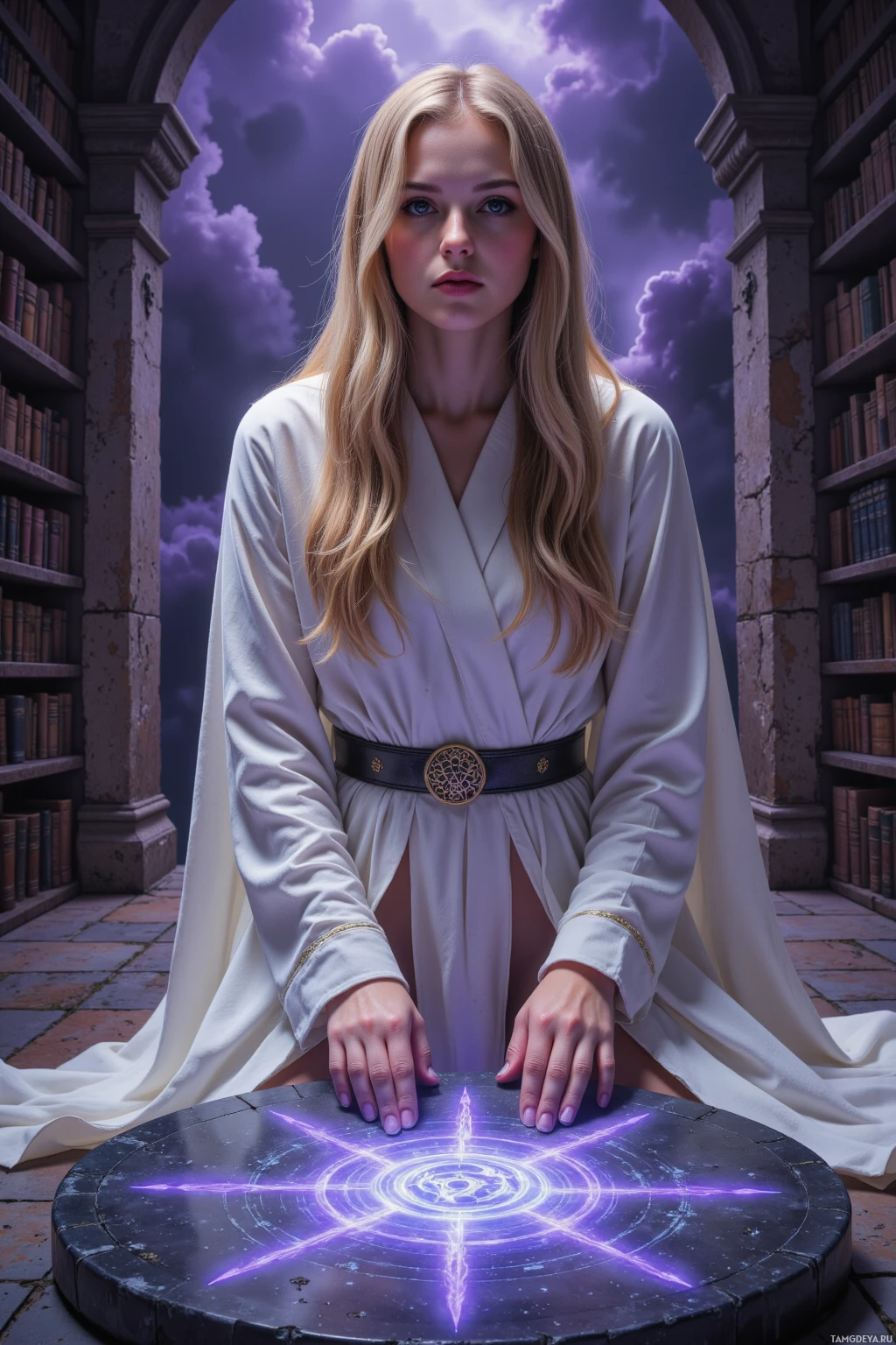 Realistic high quality photo. A graceful 31‑year‑old woman with long flowing blonde hair, blue eyes, pale skin, wearing flowing white robes adorned with mythological symbols, kneeling before a glowing inked rune carved on a stone slab in an ancient ruined library, bruised violet sky overhead, faint warlike glow radiating from the rune, her hands steady and cautious.