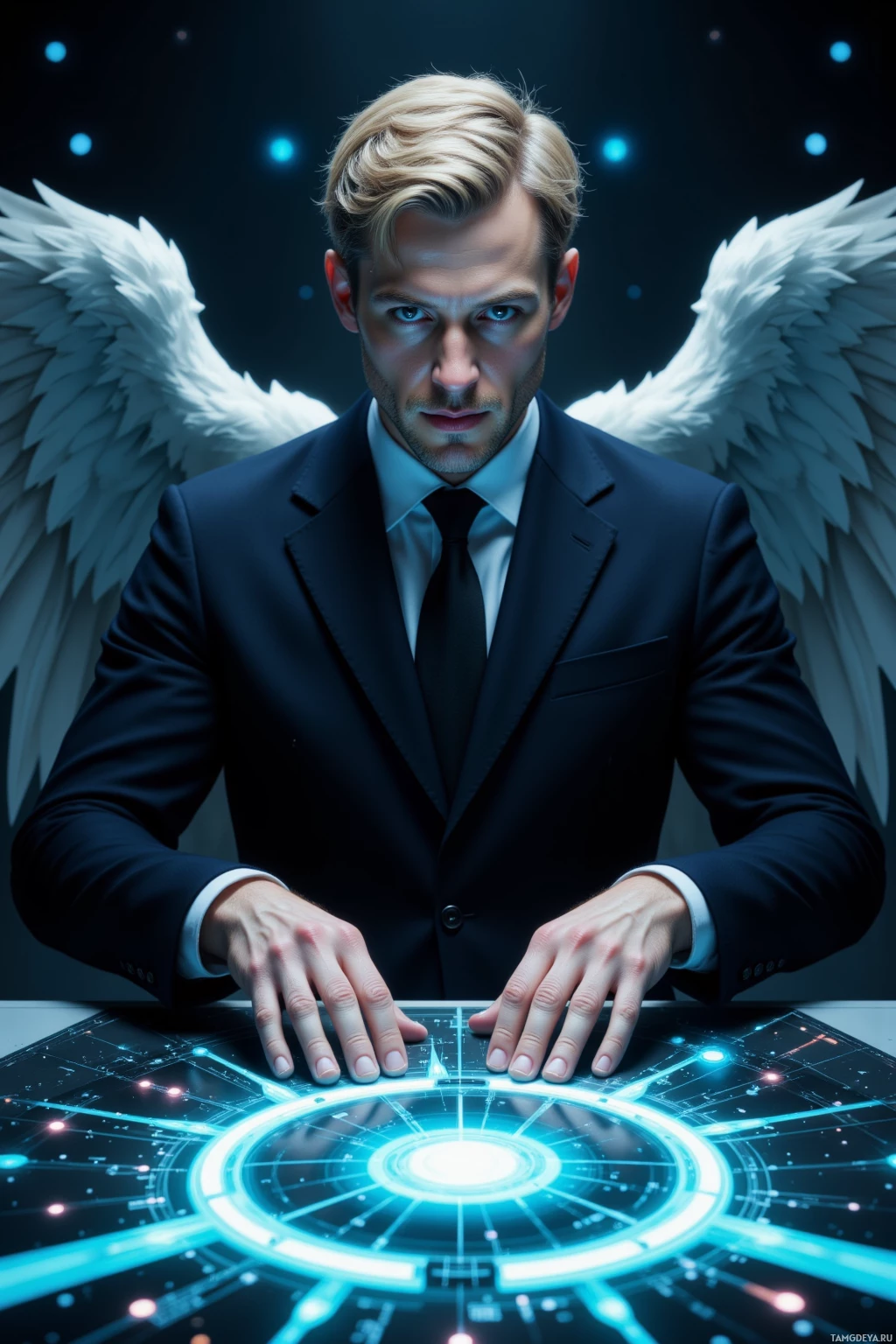 Realistic high quality photo. A tall, lean 45‑year‑old man with short blonde hair, piercing blue eyes, wings tucked beneath a sleek black suit sits in a dimly lit laboratory, manipulating glowing quantum circuits on a sophisticated console with a calm, shrewd expression, orchestrating a silent symphony of control.