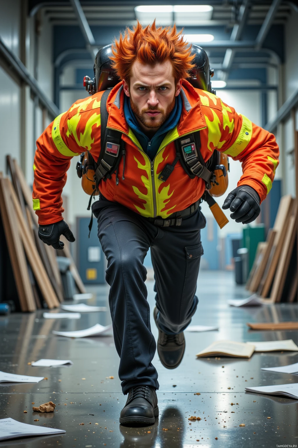 Realistic high quality photo. 28‑year‑old man with fiery red messy hair, bright blue eyes, medium skin tone, wearing a bold flame-patterned jacket and simple dark pants, helmet, goggles, reflective vest, sprinting through a gym hallway littered with spilled work manuals, expression fierce yet wary under an intense afternoon light.