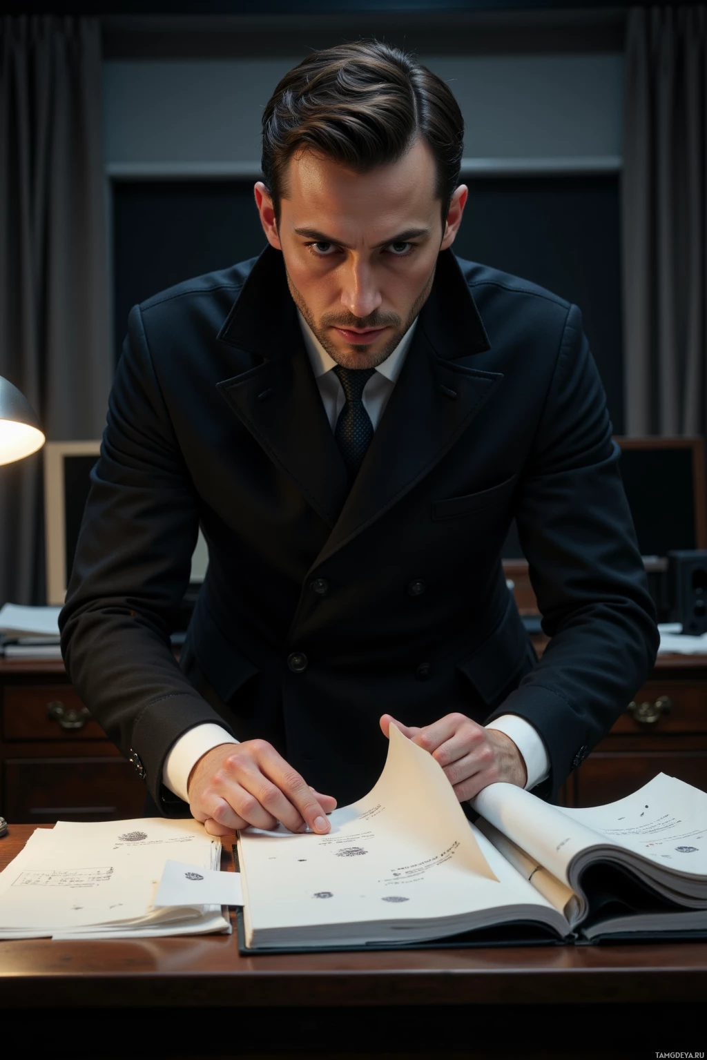 Realistic high quality photo. A serious 37‑year‑old detective with neatly styled dark hair, subtle stubble, intense brown eyes, pale skin, wearing a crisp black trench coat over a white shirt and tailored dark pants, hunched over a cluttered office desk at night, shredding legal briefs while fingerprints on a case file glimmer under the glow of a desk lamp.