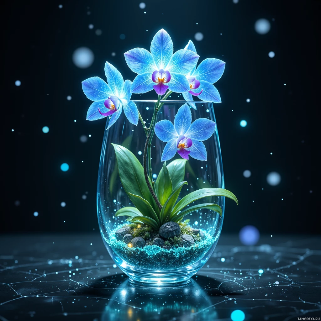 Semi-abstract image with many light, that is suitable for the post:  A crystal glass pod houses a living neural interface orchid with translucent, fractal‑patterned vines twisting around tiny bioluminescent petals that flicker in shifting data‑stream colors and reveal embedded microcode circuits within the plant tissue, all rendered in minimalist organic‑silicon harmony.