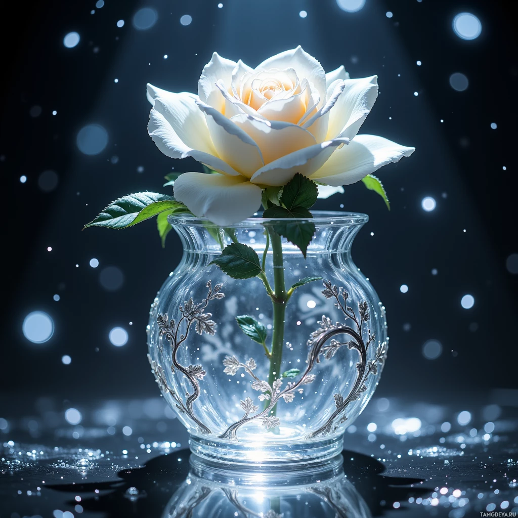 Semi-abstract image with many light, that is suitable for the post:  small crystal vase in clear glass, etched with curling silver vines and shimmering dewdrop motifs that shift subtly, illuminated by moonlit glow and containing a single pristine white rose with petals unfurling like liquid glass