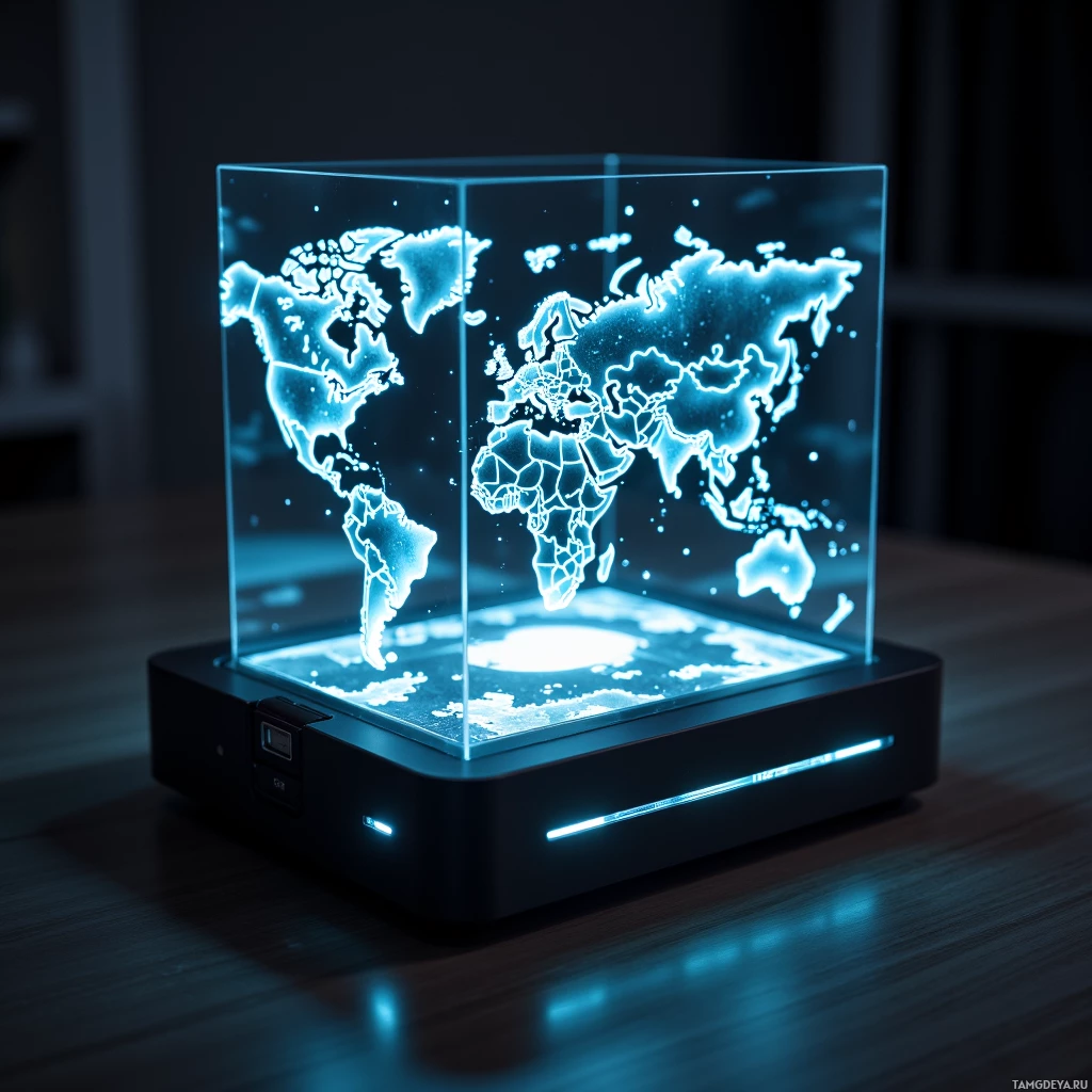 Semi-abstract image with many light, that is suitable for the post:  Foldable pocket‑sized hologram projector with a sleek matte black shell, slim titanium frame, integrated solar cells on the top panel, that unfolds into a full‑size transparent screen projecting a glowing 3D world map with illuminated country borders.