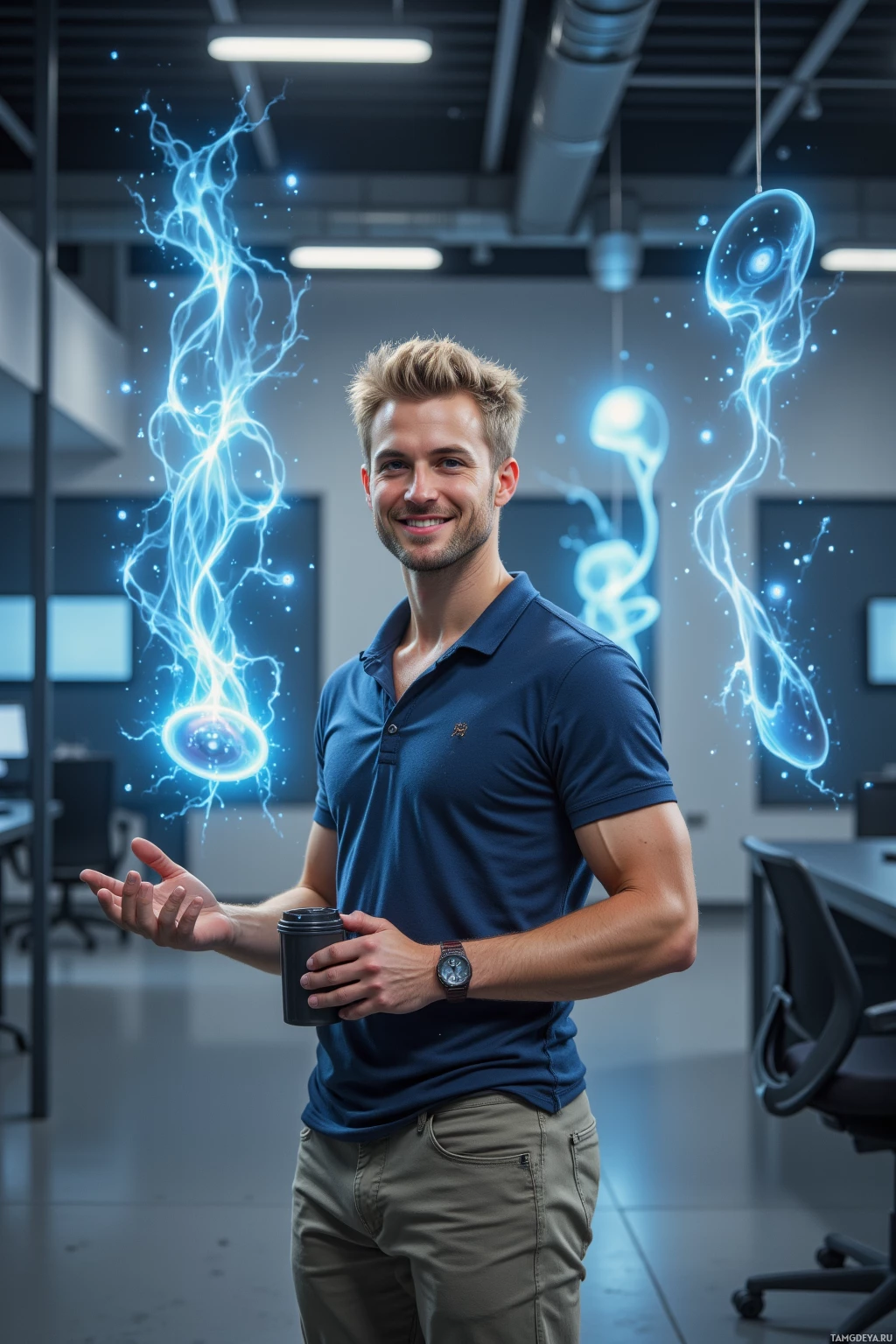 Realistic high quality photo. A 21‑year‑old man with tousled blonde hair and blue eyes in a fitted polo shirt and casual trousers stands amid floating holographic displays of overlapping timelines, smiling confidently while holding a coffee mug and gesturing a secret handshake in a sleek modern office.