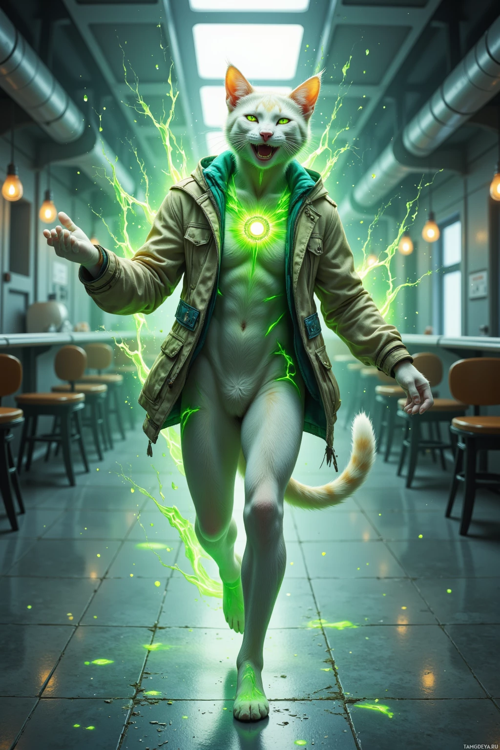 Realistic high quality photo. Male, 23, anthropomorphic cat with soft white and pale green fur glowing greenish, bright radioactive yellow eyes, lean sharp build, tattered glowing jacket humming with energy, spinning and laughing in an orbital station cafeteria hallway, leaving a sparkling holographic trail that lights up the corridor like a glitchy disco, radiating playful, chaotic confidence.
