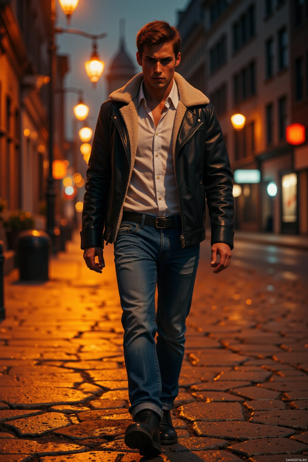 Realistic high quality photo. A determined young man with short dark red hair and intense brown eyes, wearing a black leather jacket over a white shirt, blue jeans and black boots, strides down an empty nighttime city street with cracked pavement illuminated by warm streetlamp glow.