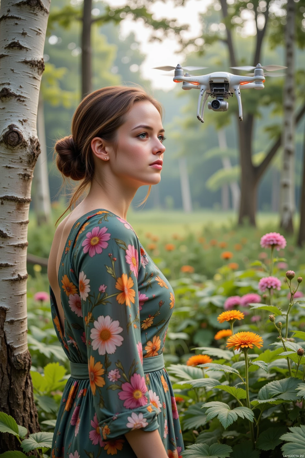 Realistic high quality photo. A calm 31‑year‑old woman with long dark brown hair in a loose bun, soft blue eyes, fair skin, wearing a flowing floral dress that blends into a forest, standing beside a bio‑inspired planter that integrates solar panels into soil, watching a drone capture morning dew on an old birch tree under soft early‑morning light.