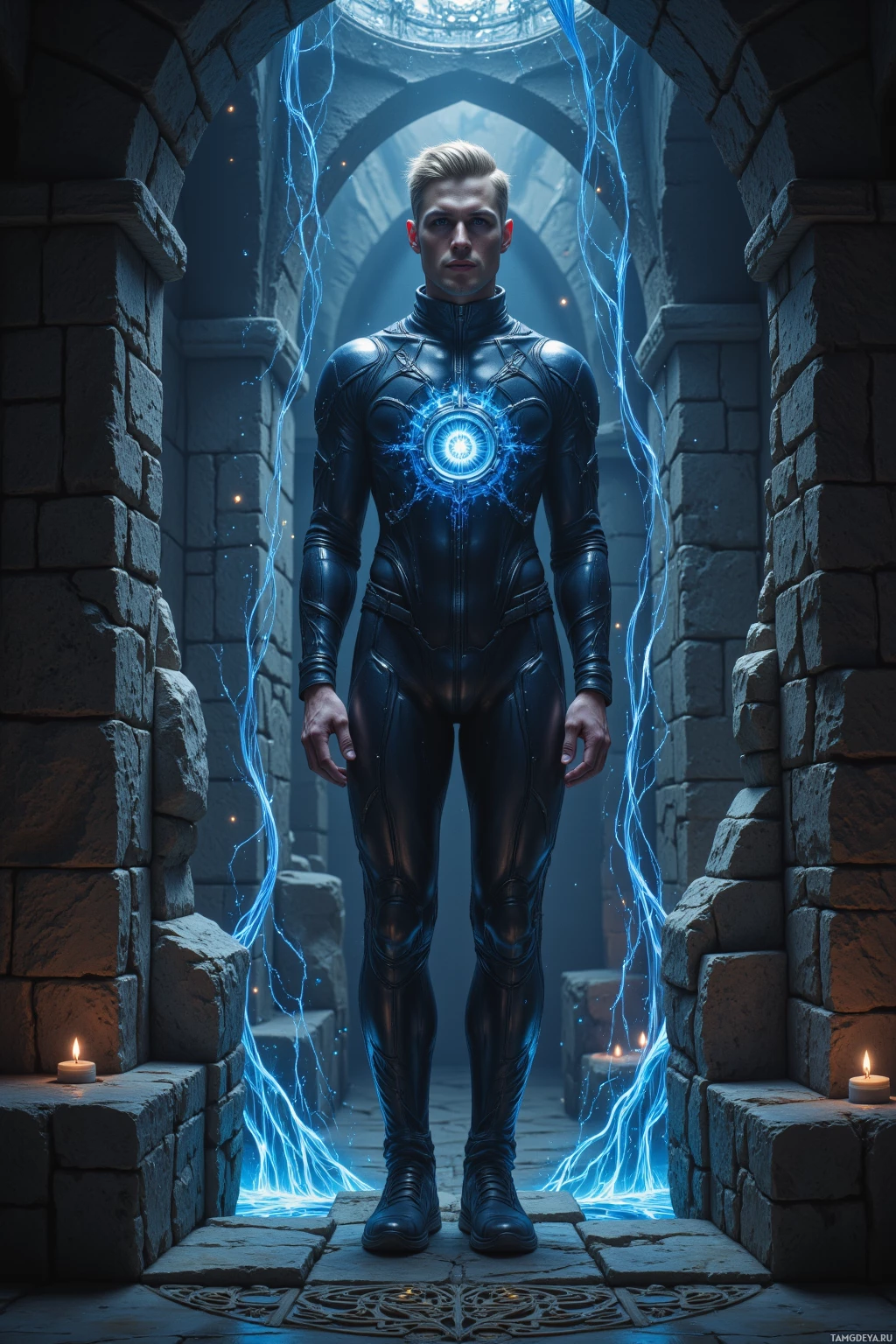Realistic high quality photo. Male, 32, slicked‑back blonde hair, piercing blue eyes, fair skin, in a sleek black jumpsuit with metallic accents stands solitary in a dim data sanctuary surrounded by a lattice of fractal light and holographic glyphs projected onto stone motifs as quantum sensor arrays hum; he manipulates the boundary between ancient texture and hyper‑illuminated mesh.