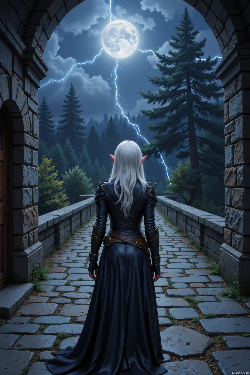 Realistic high quality photo. A 120‑cm tall female drow elf with white hair and piercing blue eyes in sleek dark leather armor stands poised in a moonlit cobblestone alley at night, silver threads of light weaving between stone walls beside an ancient forgotten bridge while distant thunder crackles over the old pine trees.