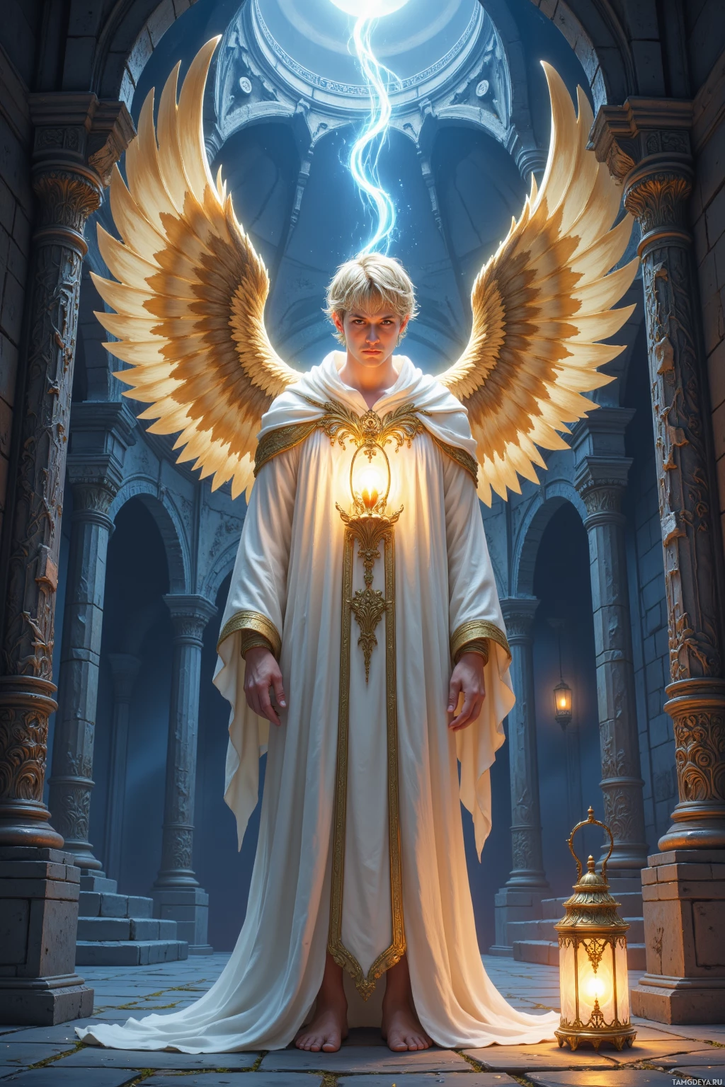 Realistic high quality photo. A tall radiant male guardian, 27, with short blonde hair and bright blue eyes, pale skin, delicate features, wearing flowing white robes that glow softly and large golden feathered wings, stands in a twilight citadel courtyard of ancient stone walls watching a trembling child clutching a warm amber lantern while his inner light flickers gently above them.