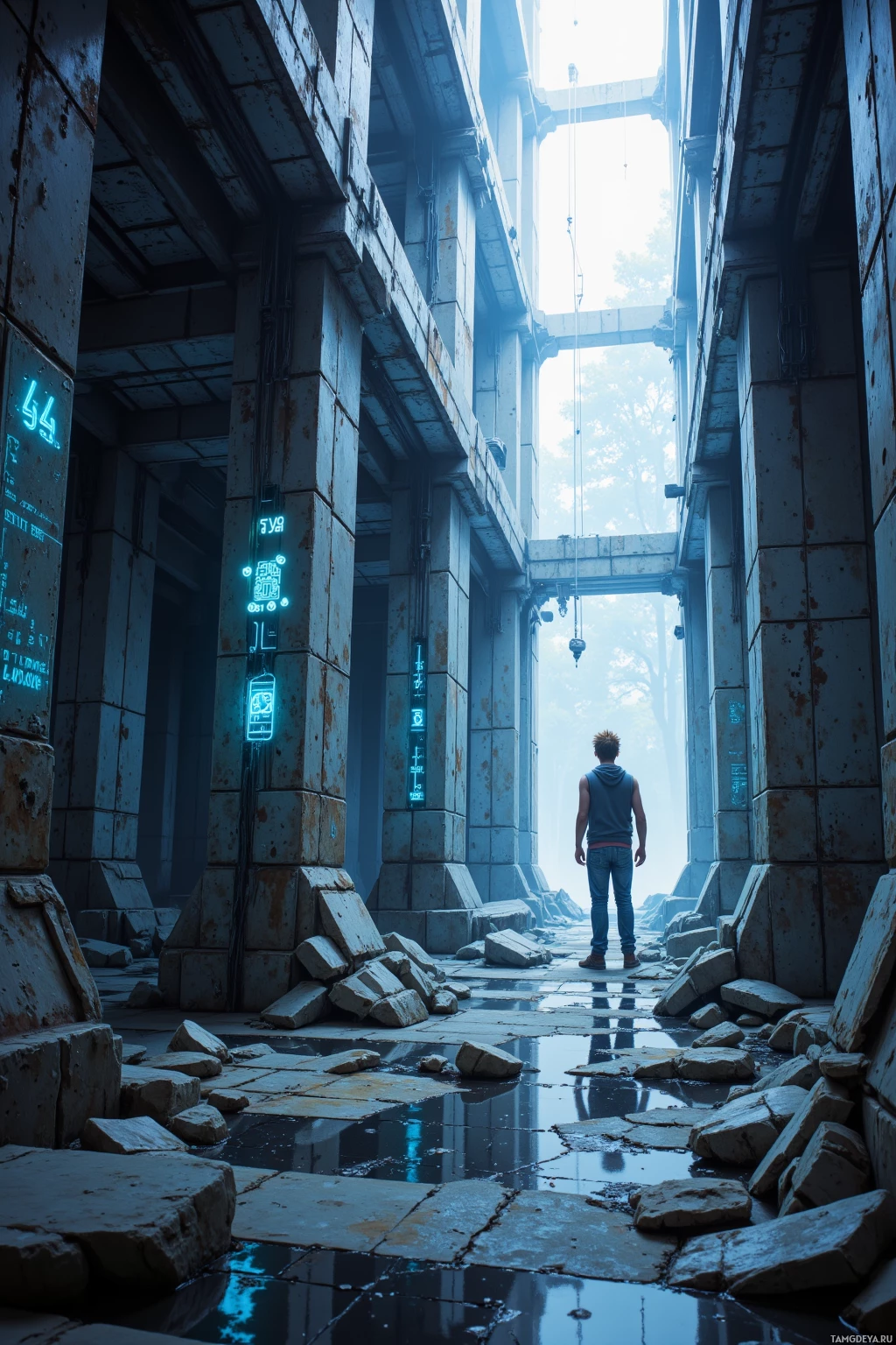 Realistic high quality photo. Male, 30, light brown spiky hair, blue eyes, pale skin, wearing sleeveless hoodie and light denim jeans, standing at the edge of a corrupted server at 3 a.m., spraying pixel murals onto white walls of broken code, glitching 404 patterns forming stanzas of defiance in a digital ruin, nocturnal sci‑fi atmosphere.