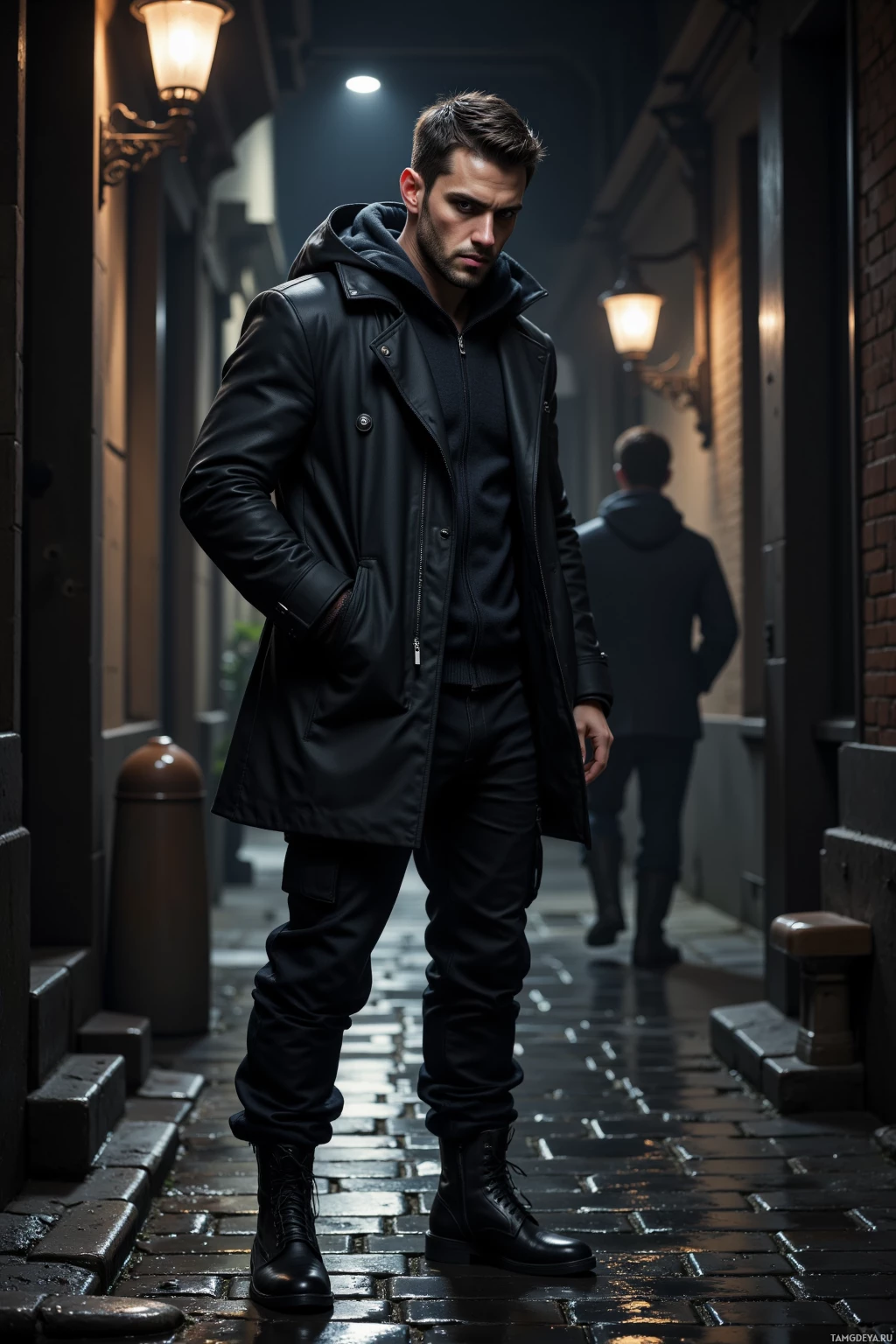 Realistic high quality photo. A lean 33‑year‑old man with short black hair and piercing brown eyes, dressed in a fitted black hooded coat, dark utility pants, heavy boots, stands in a dimly lit urban alley at night, slipping sleek sunglasses into the pocket of a passerby while surrounded by damp cobblestones reflected under a low streetlamp, his expression cold yet composed.
