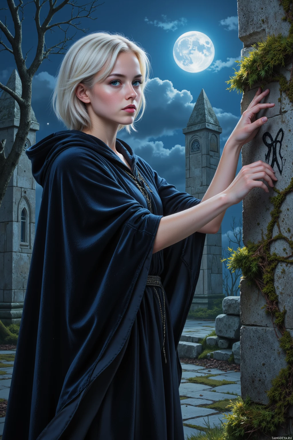 Realistic high quality photo. A silver‑blonde woman with short asymmetrical hair, piercing indigo eyes, in a flowing black velvet cloak, tracing a flickering rune on moss‑covered ruins beneath a low moon, wind stirring ancient birch branches around her in a solitary gothic twilight.