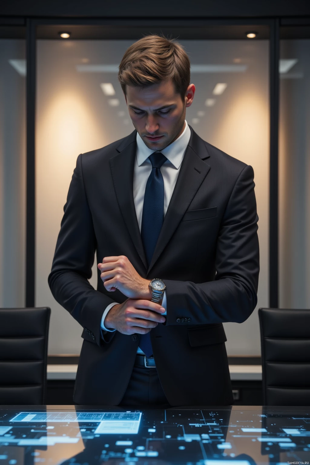 Realistic high quality photo. A 34‑year‑old man with short light brown hair, piercing blue eyes, pale skin, dressed in a tailored black suit, standing at a sleek conference table in a modern office at dawn, checking his wristwatch while gazing at a digital display, projecting strategic authority with a hint of restless doubt.