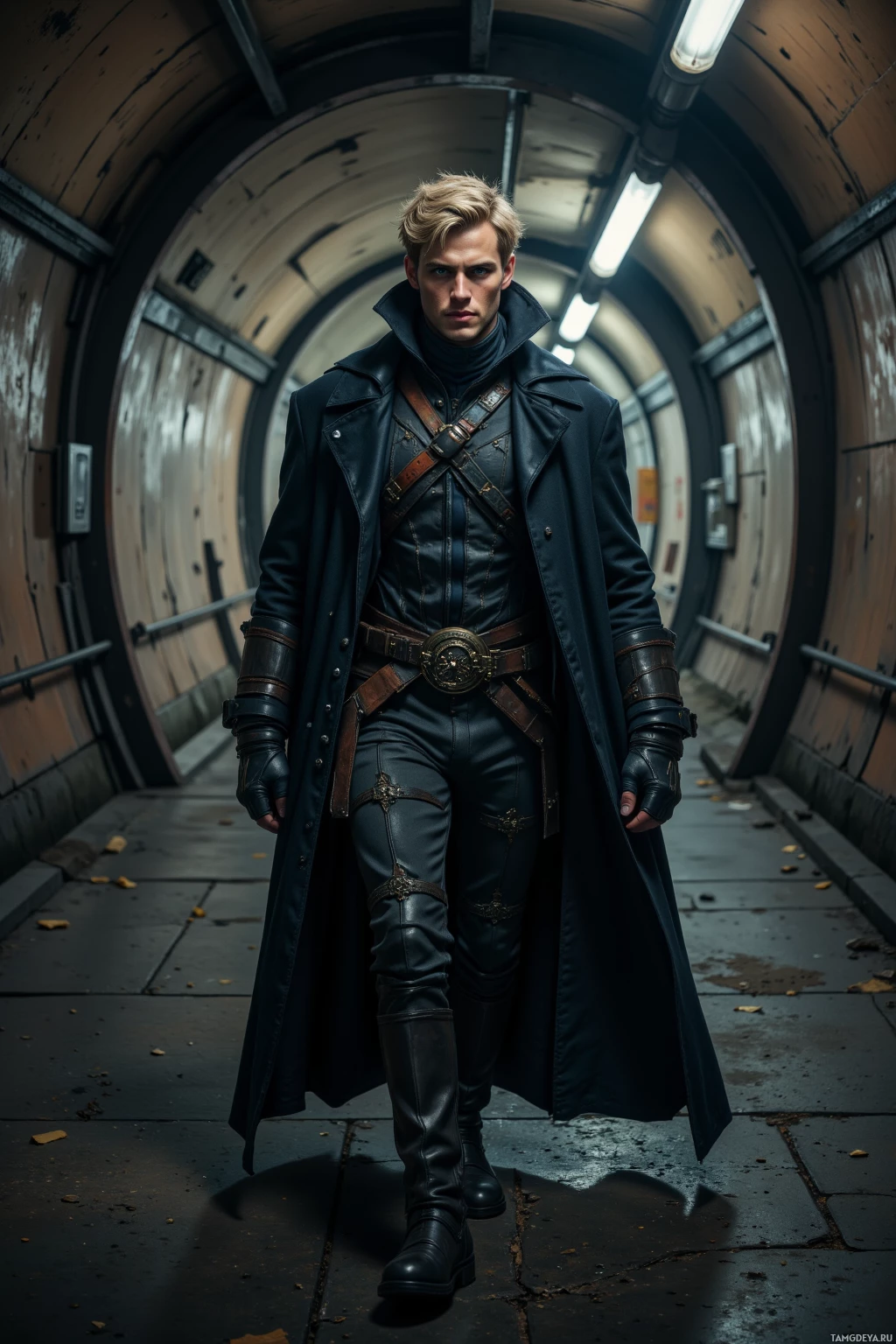 Realistic high quality photo. 26-year-old male thief with short tousled blonde hair, bright blue eyes, high cheekbones and a pointed chin, smirking in a sleek dark cloak featuring a subtle cat emblem, stealthily slipping past a sleeping guard through a rusted subway archway at night, his fingers tracing worn iron railings under flickering fluorescent tubes on cracked concrete.