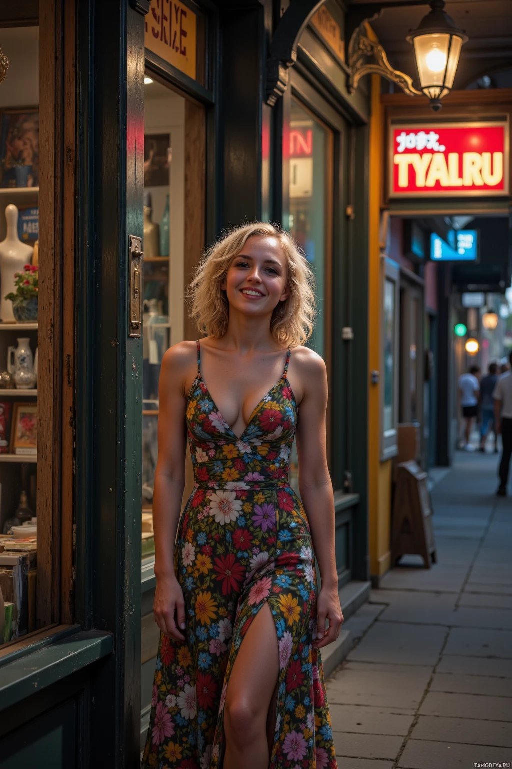 Realistic high quality photo. A 27‑year‑old woman with curly blonde hair and blue eyes, wearing a colorful flowing dress, laughing as she slips past a shuttered vintage shop into a dim hallway lined with old wooden shelves and faded signage, under the soft glow of late‑night street lamps and glowing signs, at night.