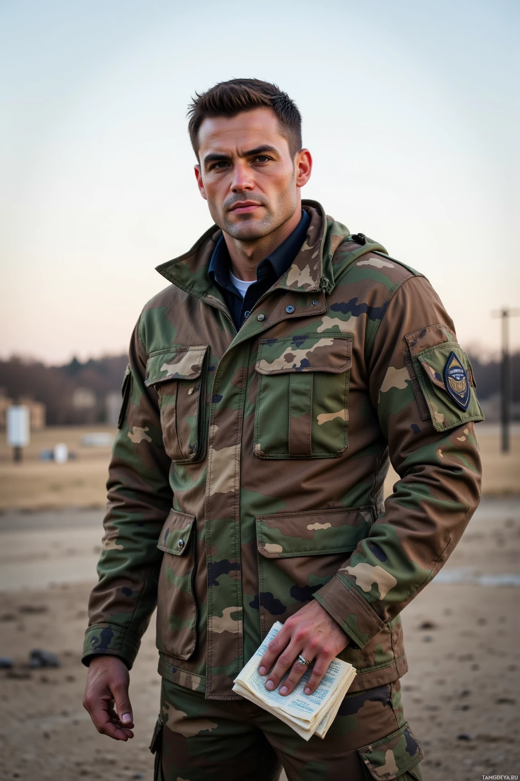Realistic high quality photo. A muscular 33‑year‑old man with short dark brown hair and piercing blue eyes in a fitted camouflage jacket and tactical boots stands at an early morning training range under crisp sky, holding a folded map in his hand and exuding disciplined focus.