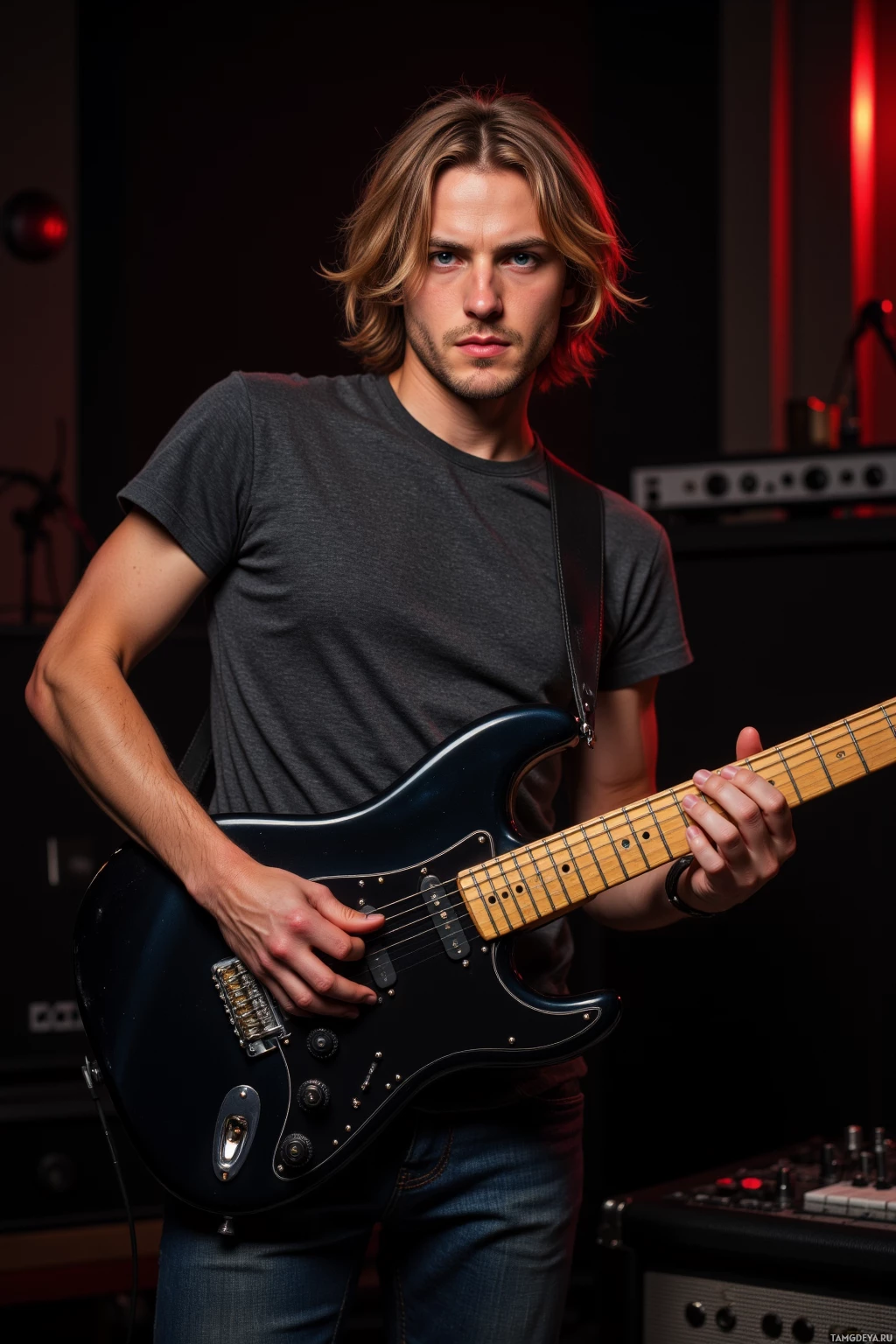 Realistic high quality photo. A 28‑year‑old male with medium blonde hair and bright blue eyes, wearing a fitted shirt and jeans, stands in a dimly lit late‑night recording studio, holding an electric guitar close to his chest while the low hum of an amp surrounds him, his expression focused and slightly tense as he plays a new riff.
